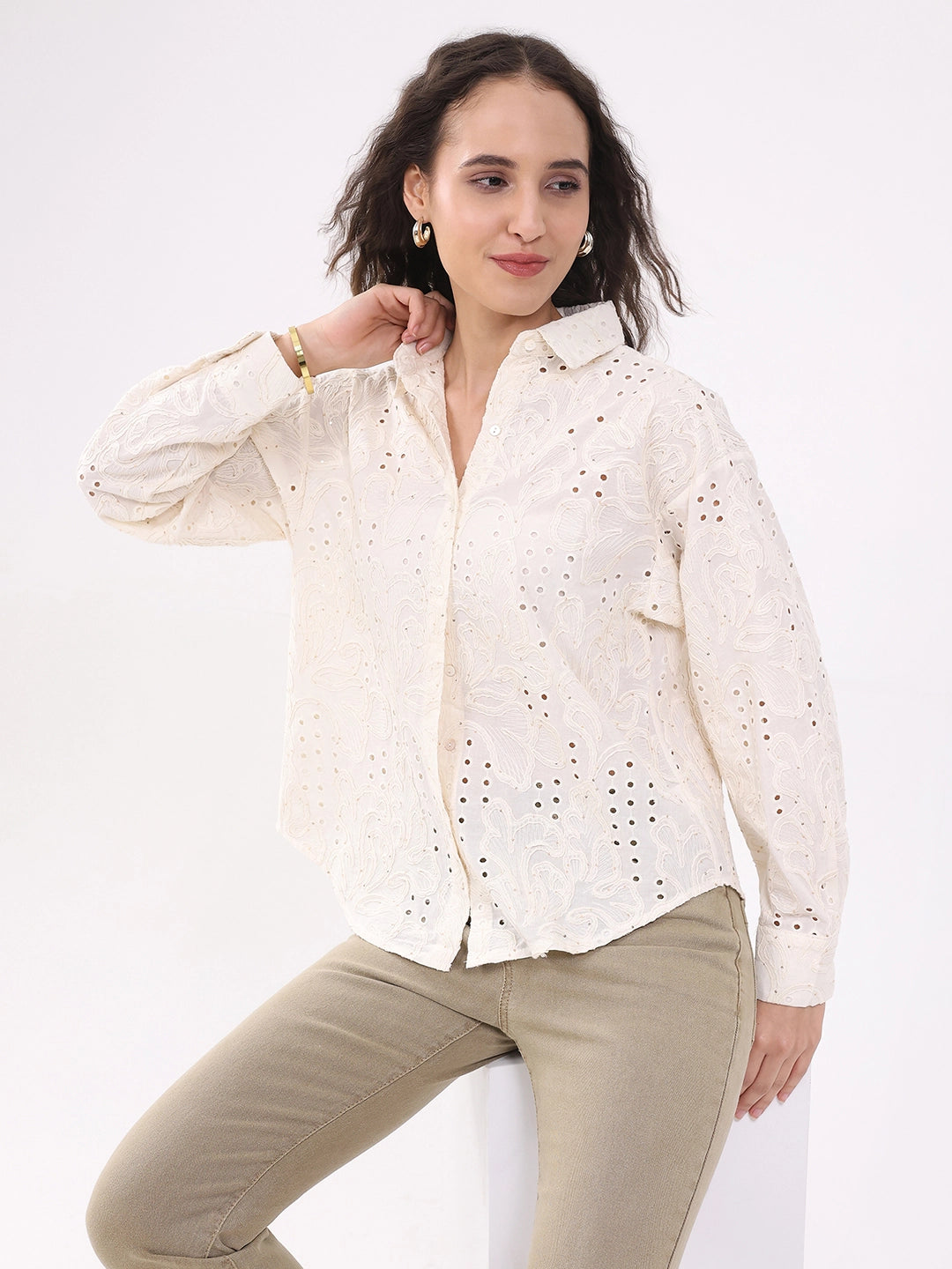 Beige Cotton Schiffili Shirt - Global Republic