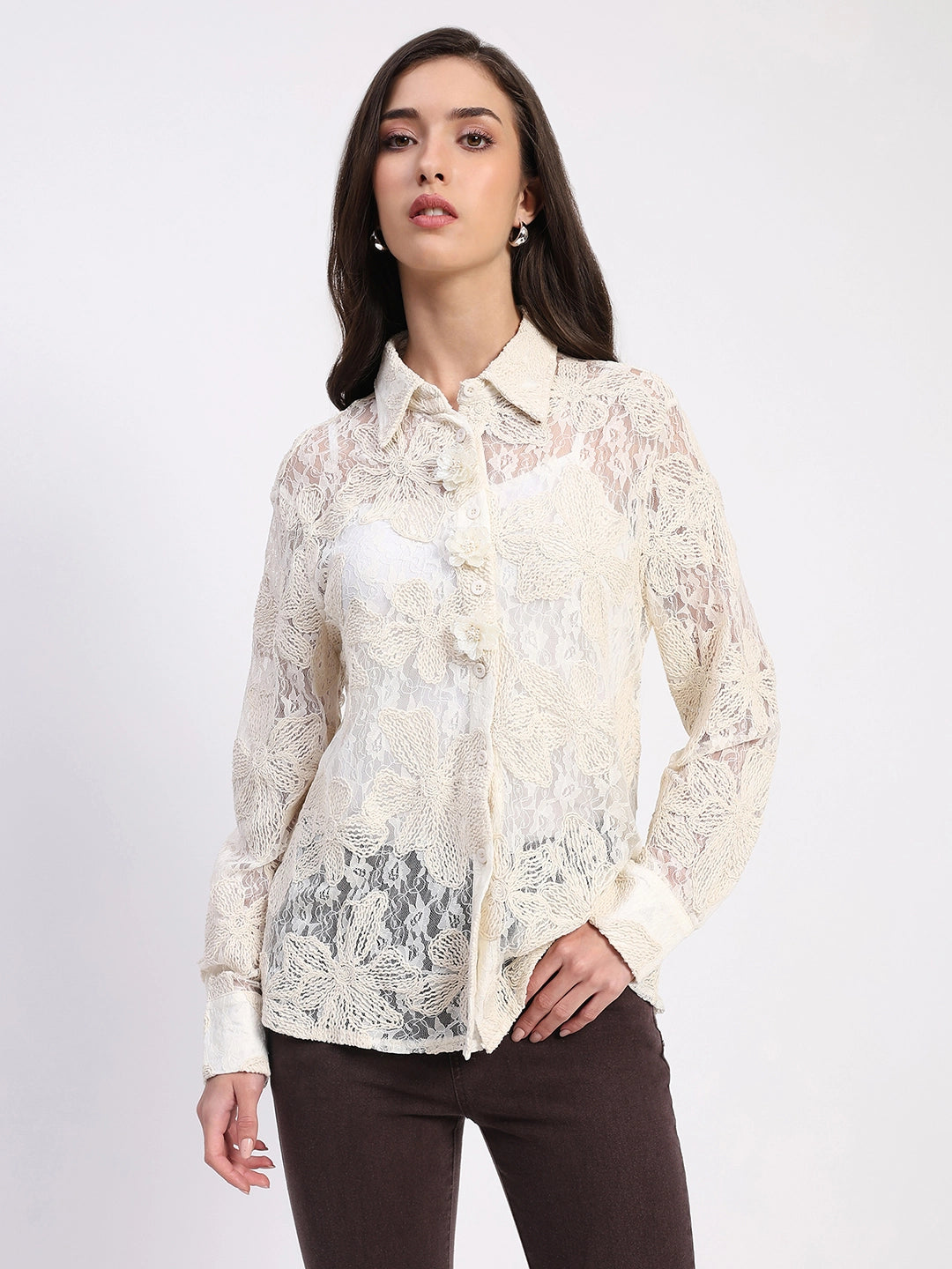 Off-White Sheer Lace Embroidered Shirt - Global Republic
