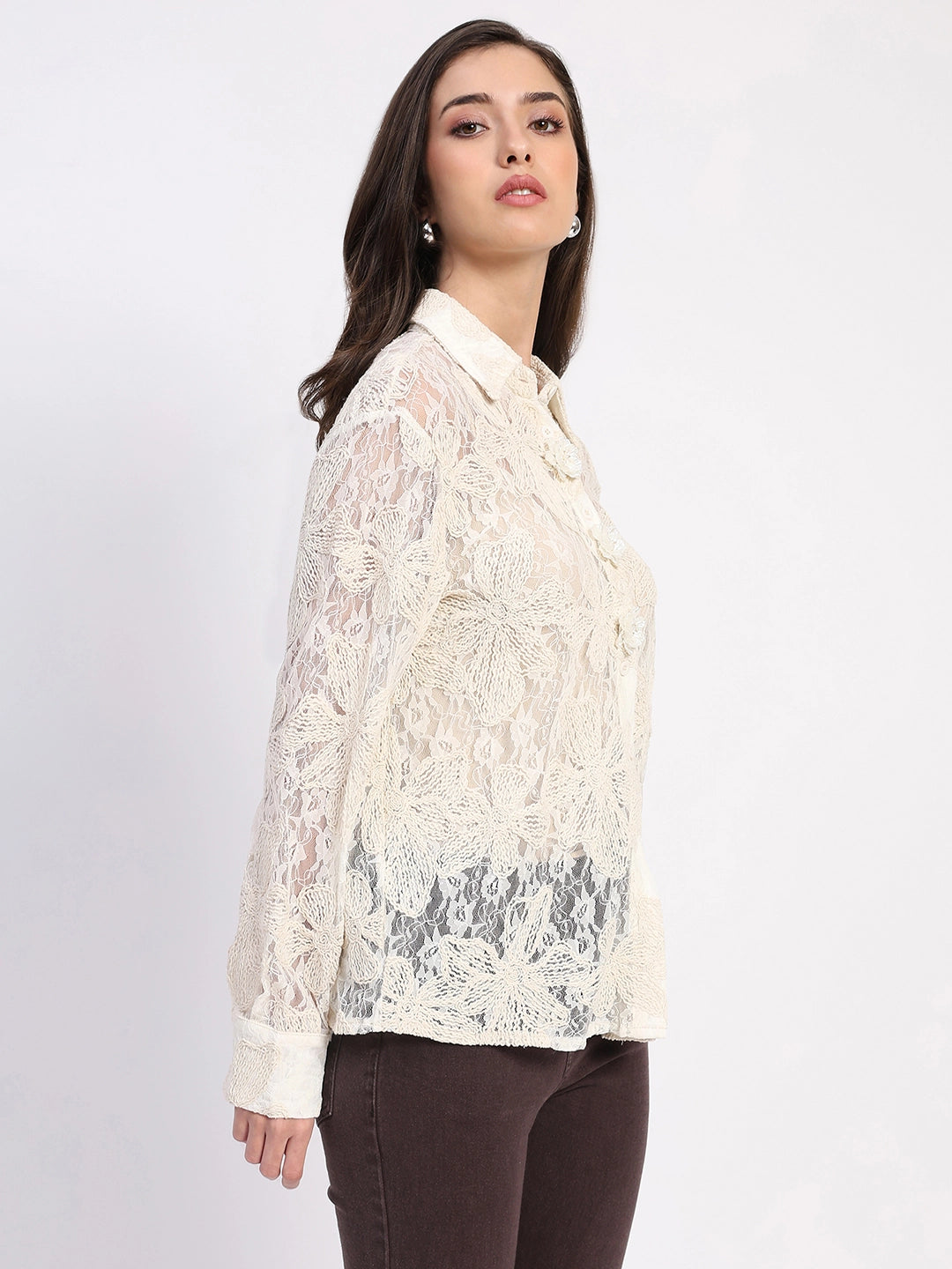 Off-White Sheer Lace Embroidered Shirt - Global Republic