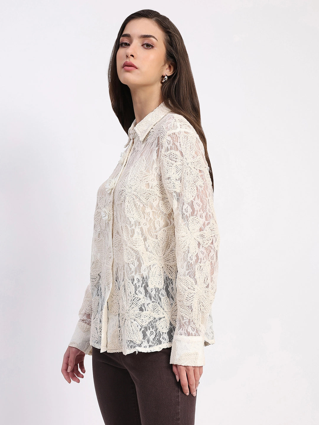 Off-White Sheer Lace Embroidered Shirt - Global Republic