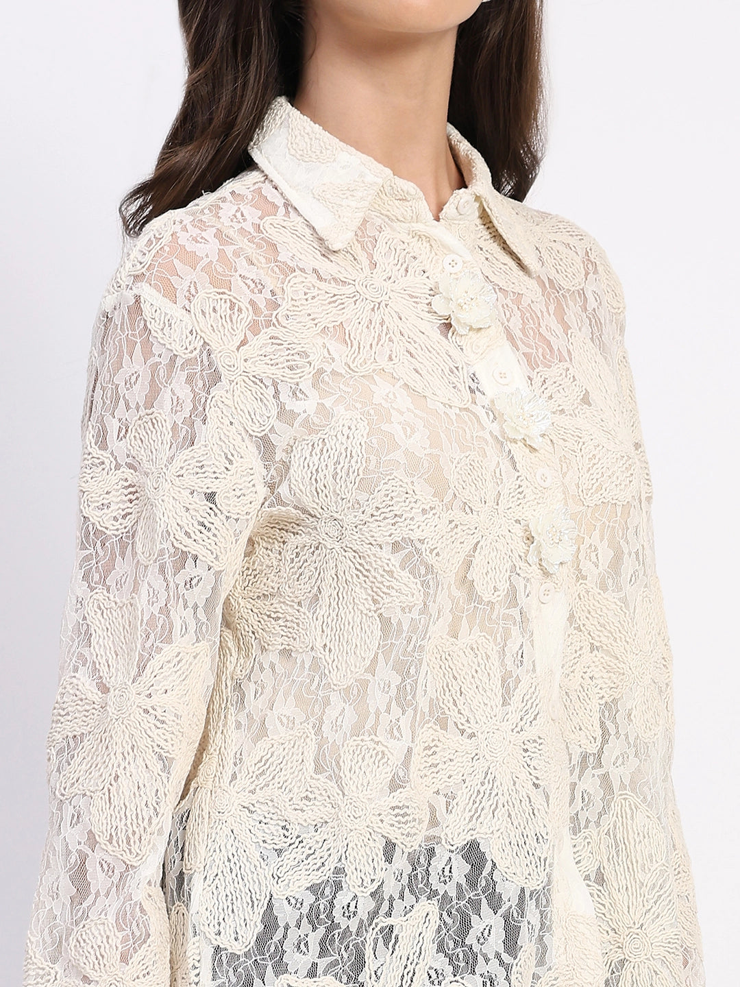 Off-White Sheer Lace Embroidered Shirt - Global Republic