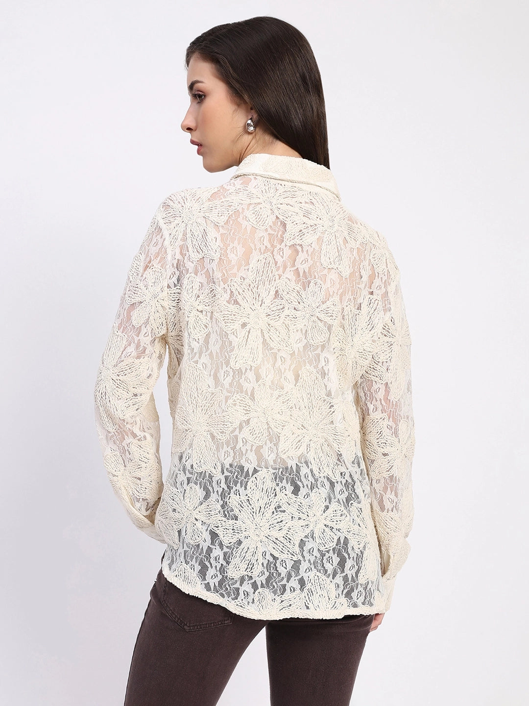 Off-White Sheer Lace Embroidered Shirt - Global Republic
