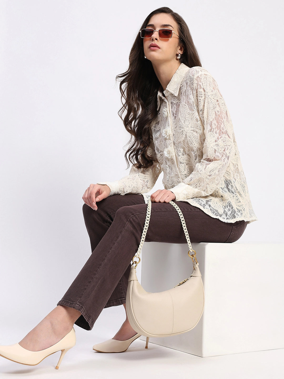 Off-White Sheer Lace Embroidered Shirt - Global Republic