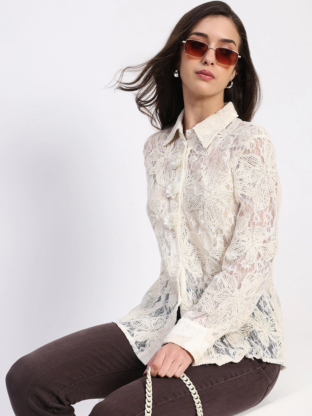 Off-White Sheer Lace Embroidered Shirt - Global Republic