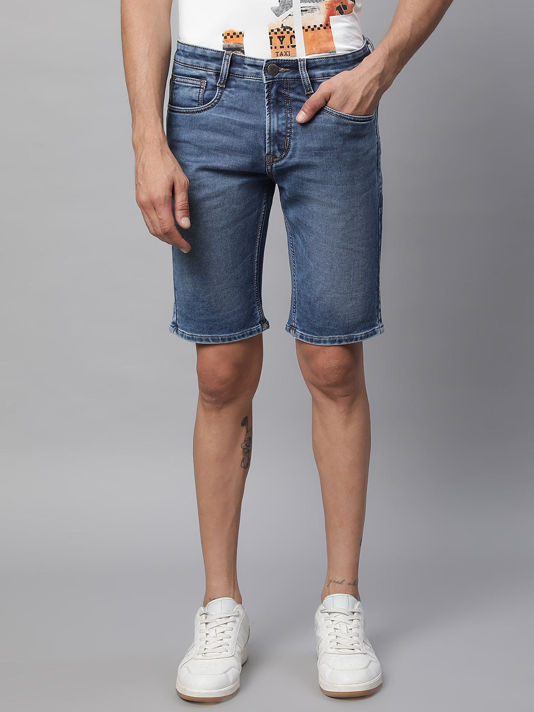 Mens Blue Solid Mid Rise Regular Fit Short - Global Republic