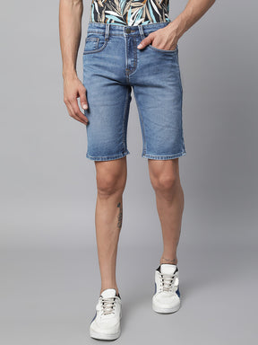 Mens Blue Solid Slim Fit Mid Rise Short
