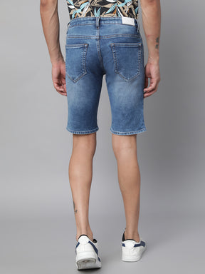 Mens Blue Solid Slim Fit Mid Rise Short