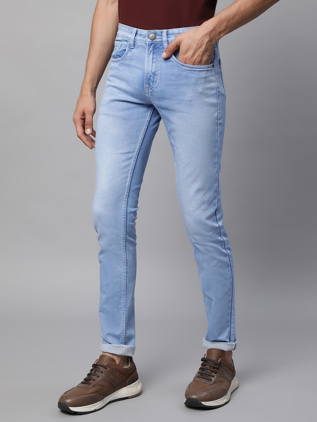 Mens Light Blue Cotton Blend Solid Mid Rise Slim Fit Jeans - Global Republic