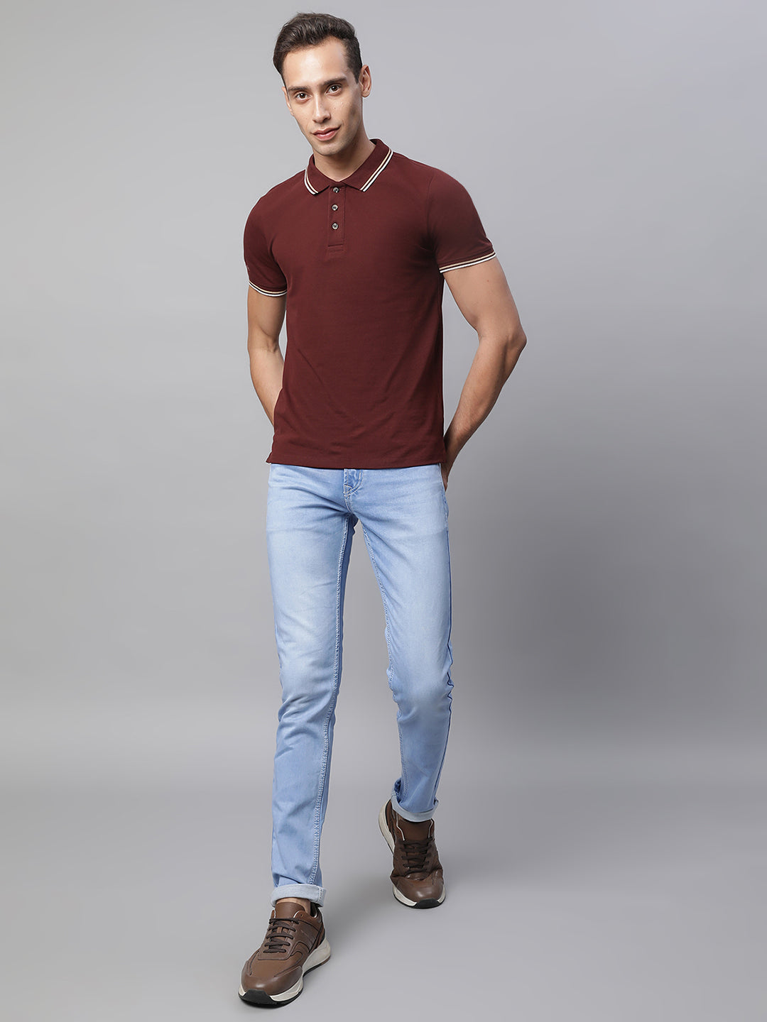 Mens Light Blue Cotton Blend Solid Mid Rise Slim Fit Jeans - Global Republic