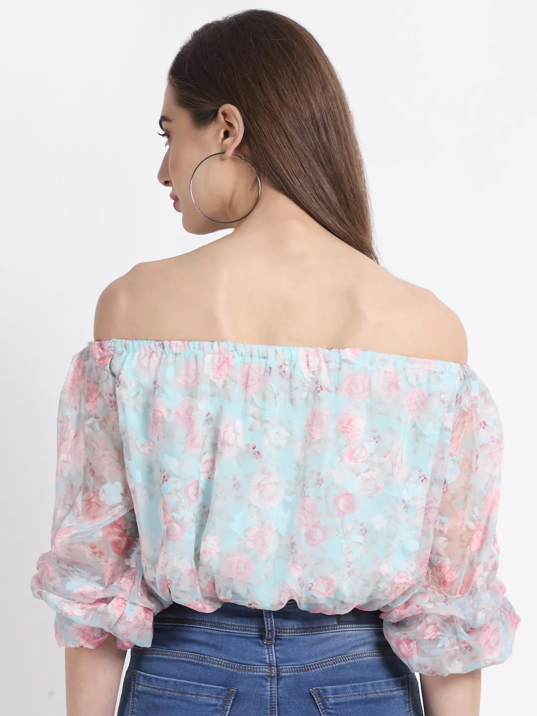 Off-Shoulder Printed Cropped  Blouson Top - Global Republic