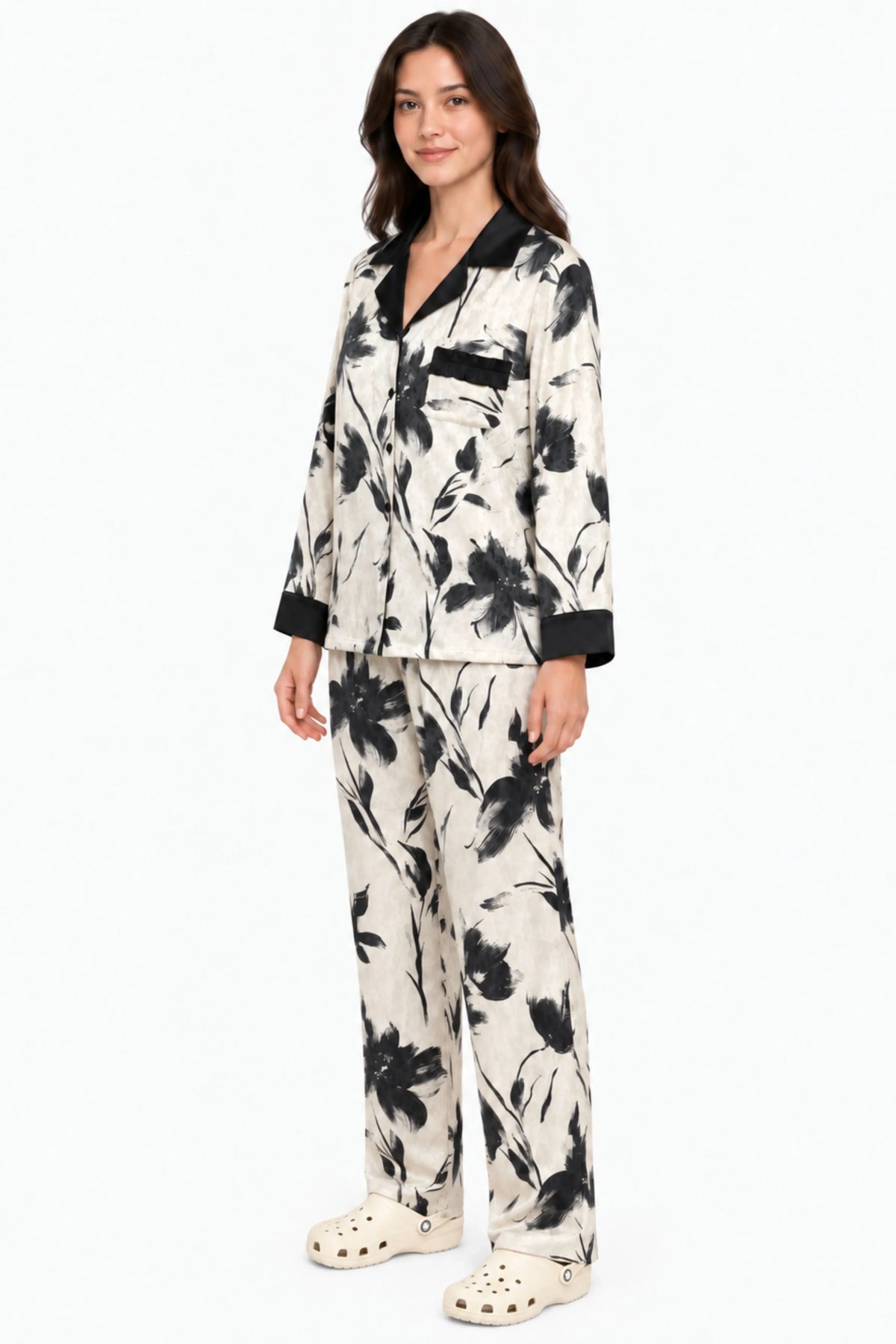 Black & White Floral Print Winter Night Suit-Global Republic