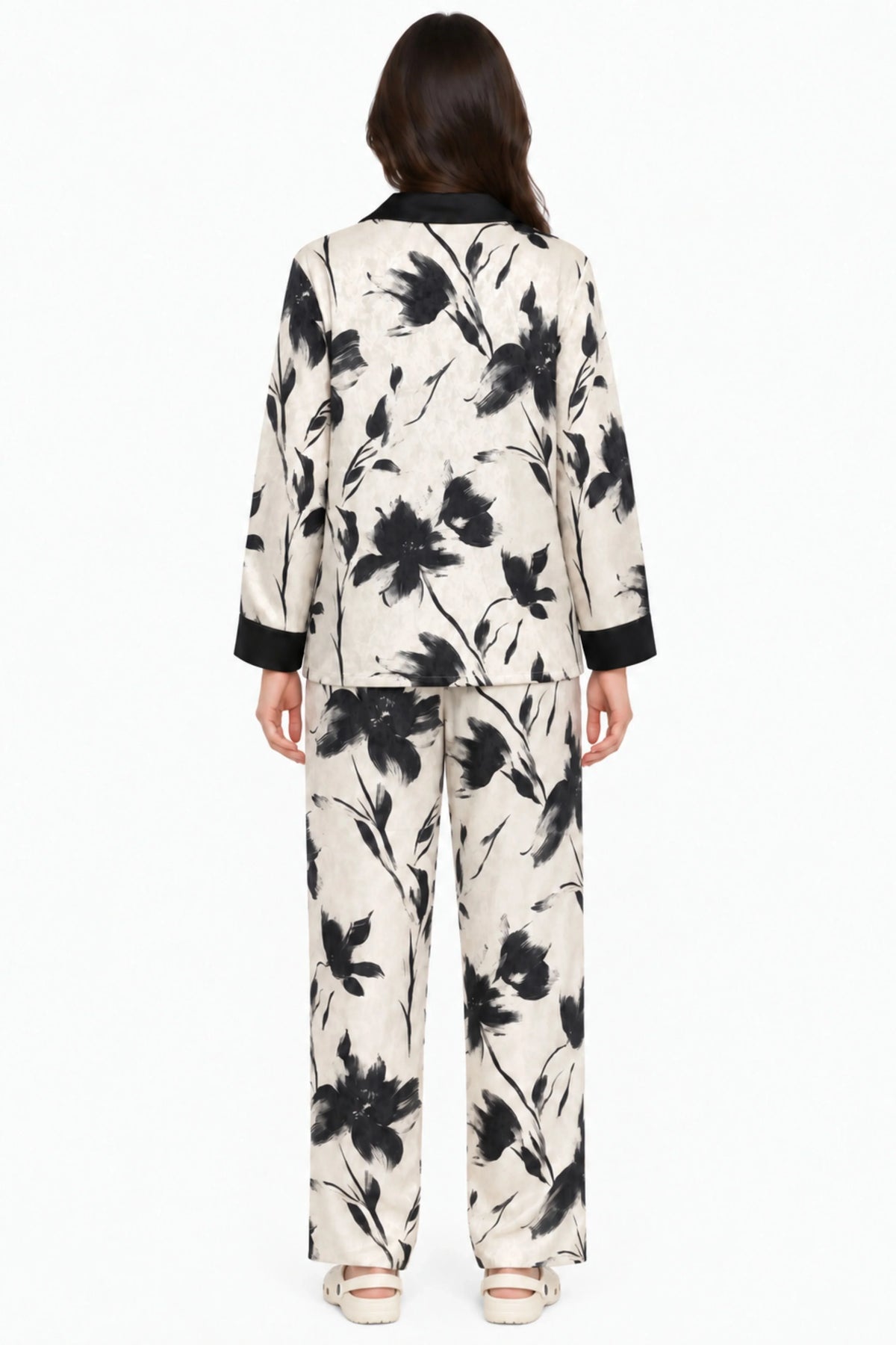 Black & White Floral Print Winter Night Suit-Global Republic