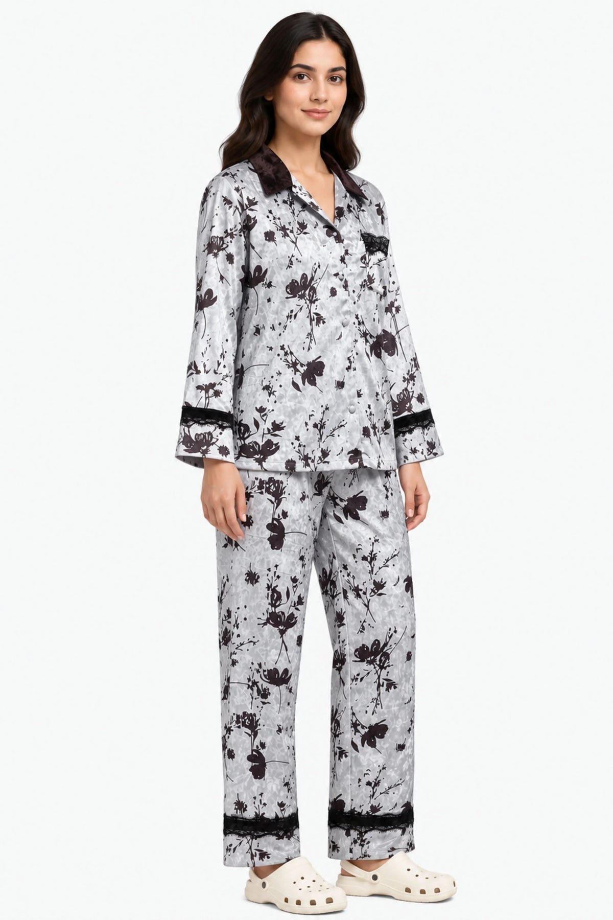 Pastel Blue Velvet Floral Winter Night Suit-Global Republic