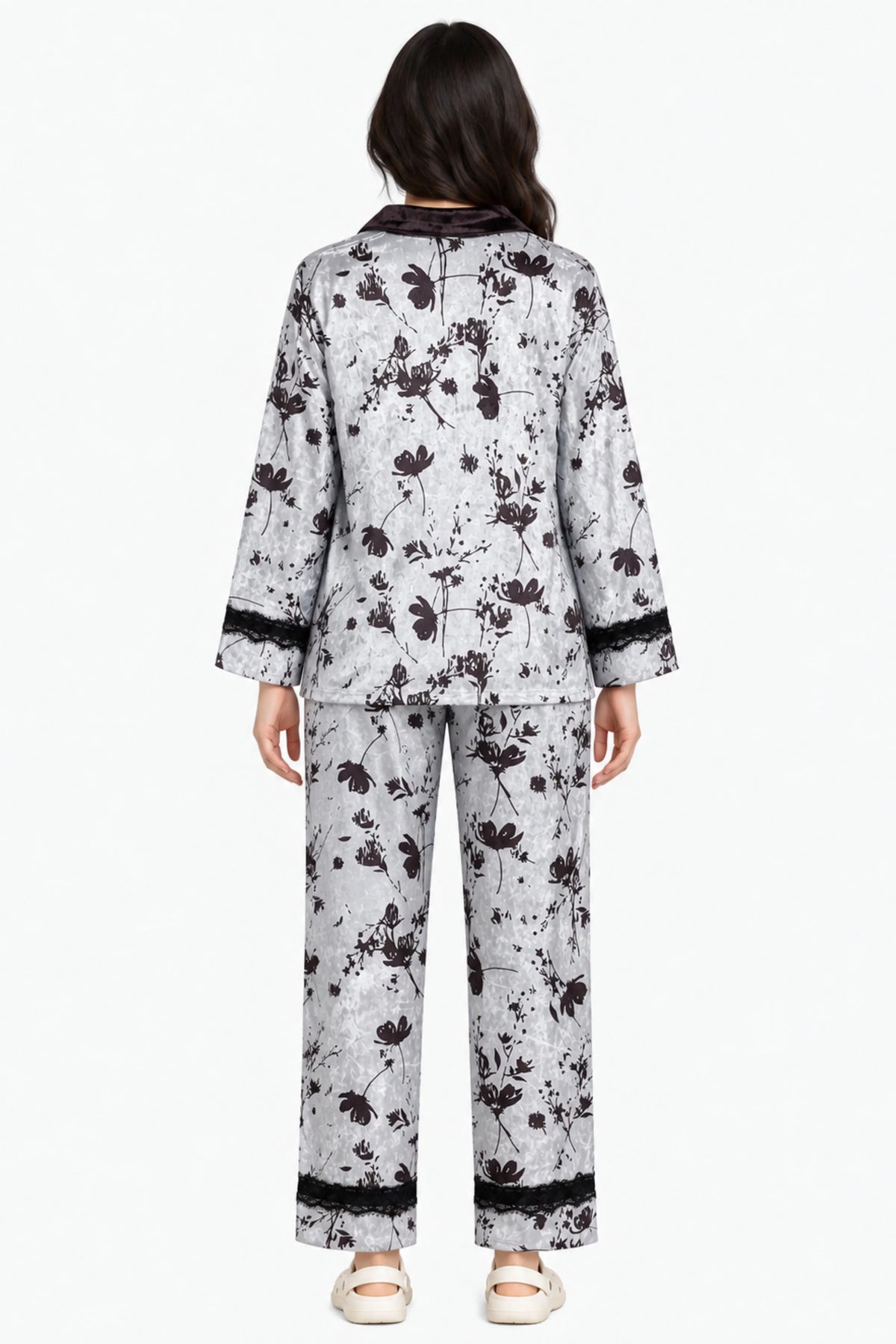 Pastel Blue Velvet Floral Winter Night Suit-Global Republic