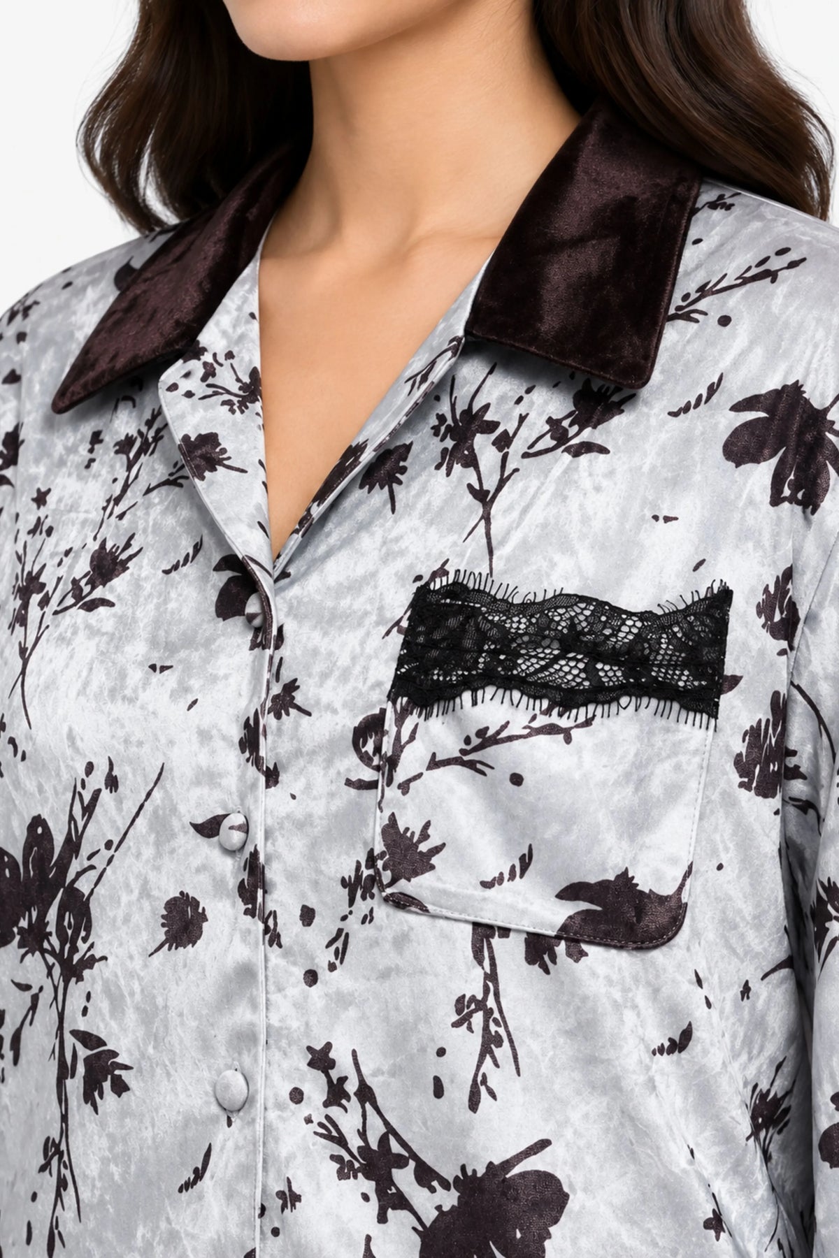 Pastel Blue Velvet Floral Winter Night Suit-Global Republic