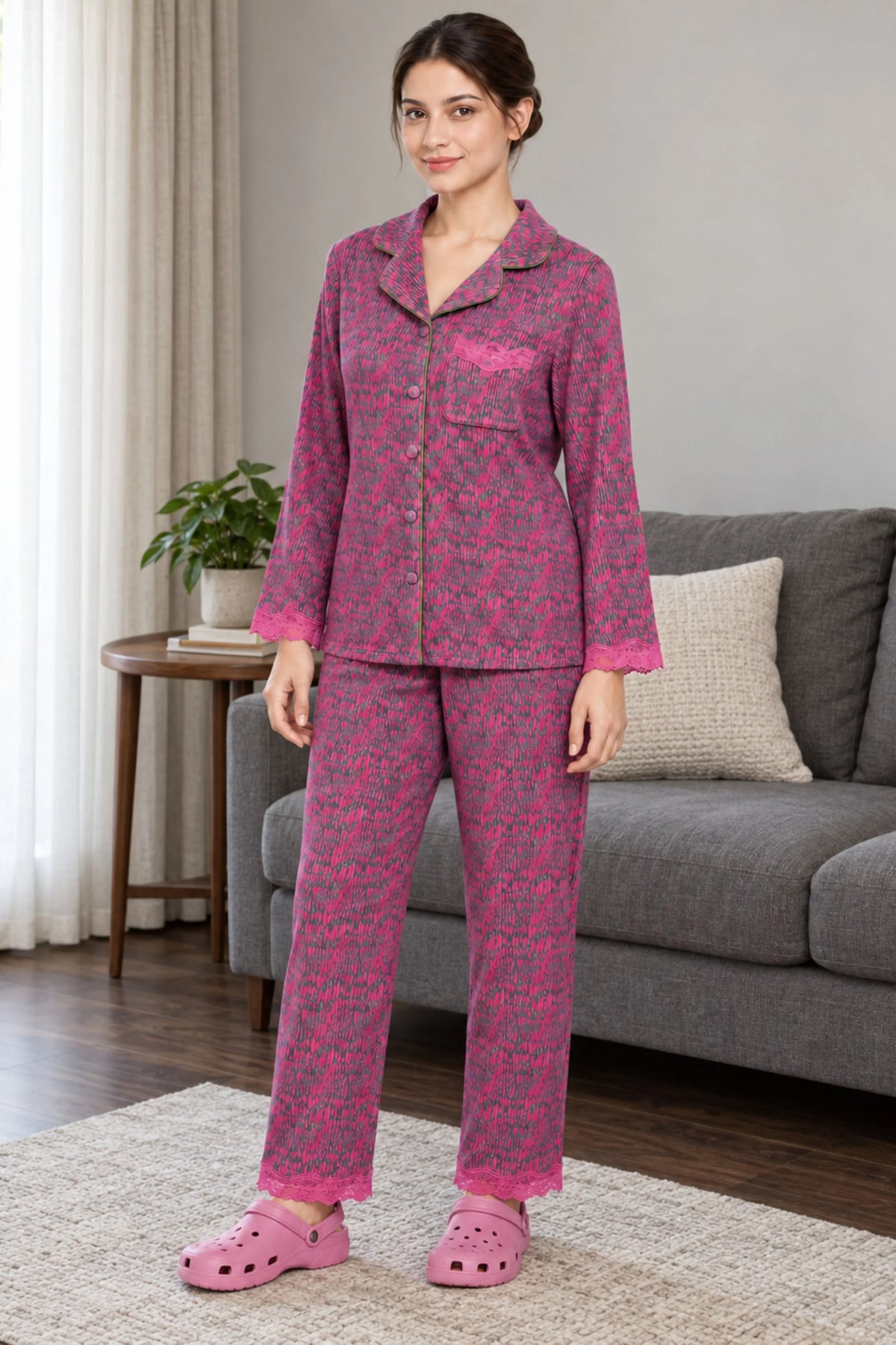 Mauve Abstract Print Winter Night Suit-Global Republic