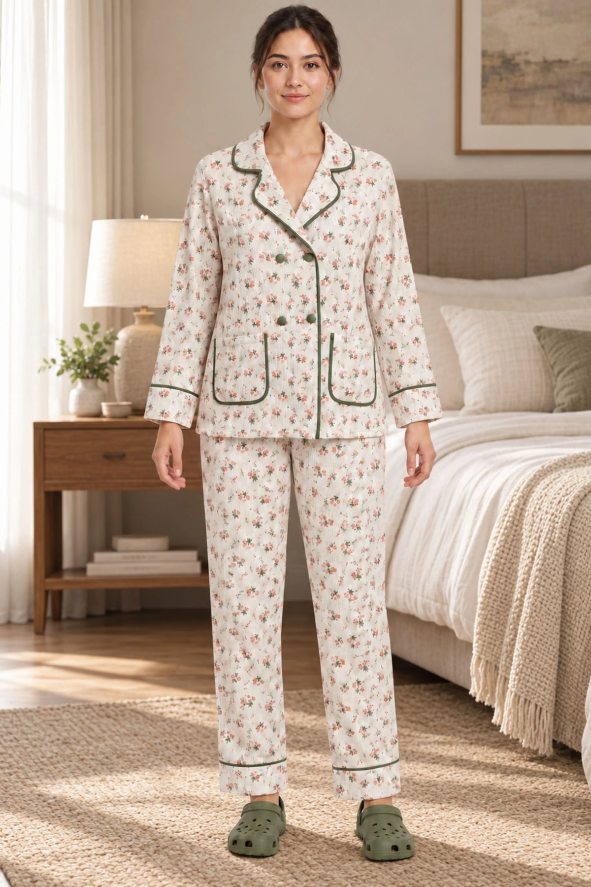 Cream Ditsy Floral Winter Night Suit-Global Republic