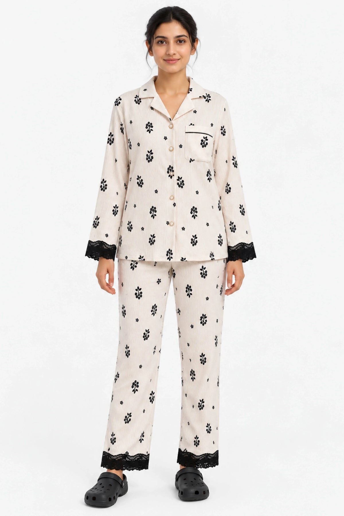 Cream Floral Winter Night Suit-Global Republic