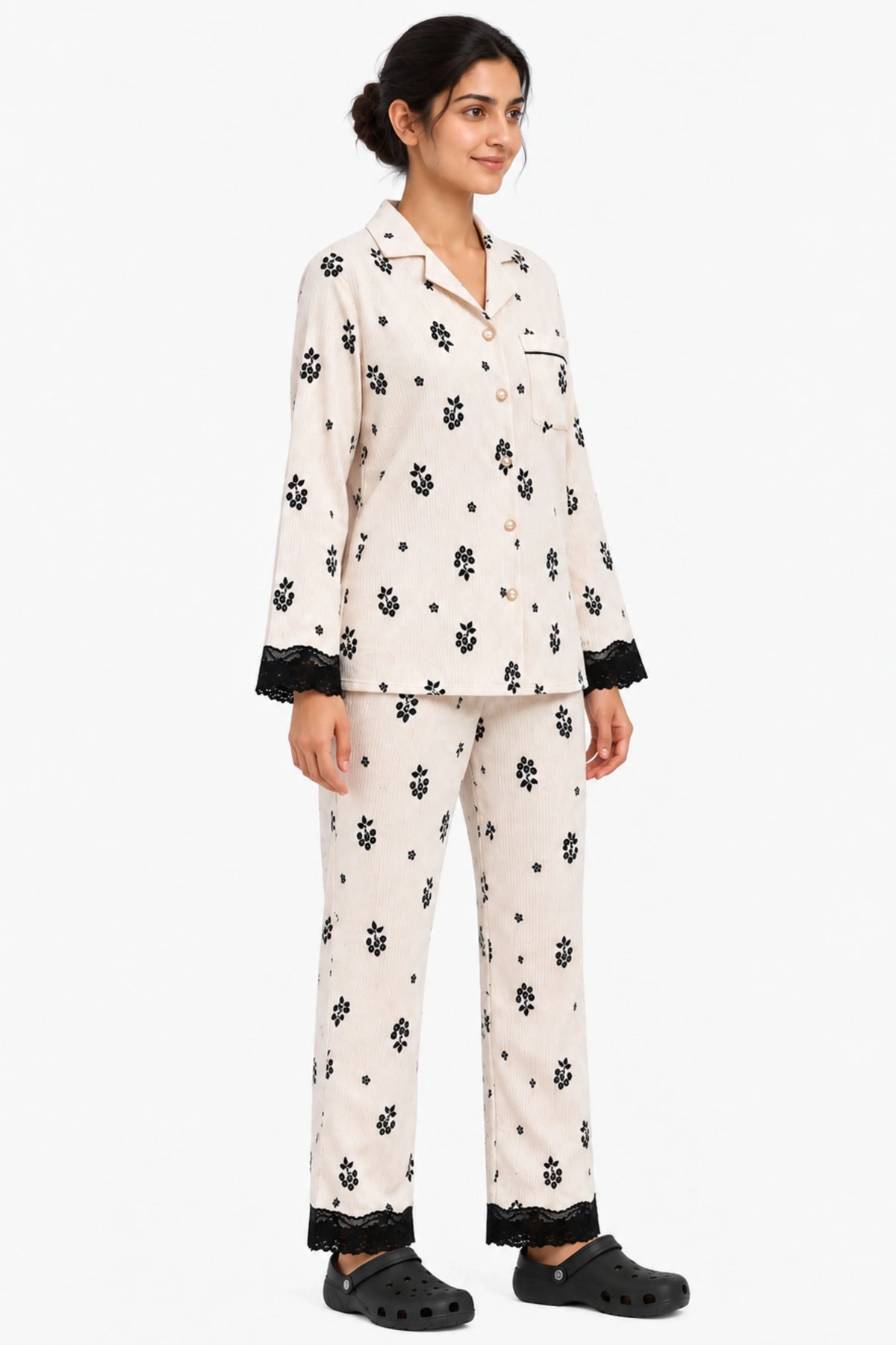 Cream Floral Winter Night Suit-Global Republic