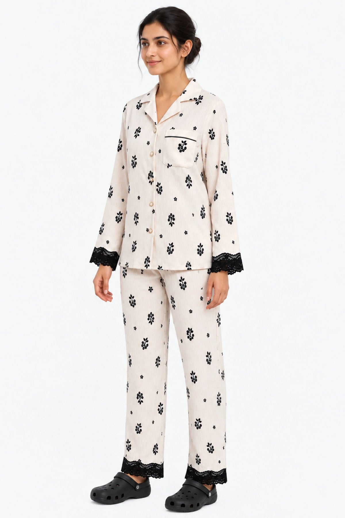 Cream Floral Winter Night Suit-Global Republic