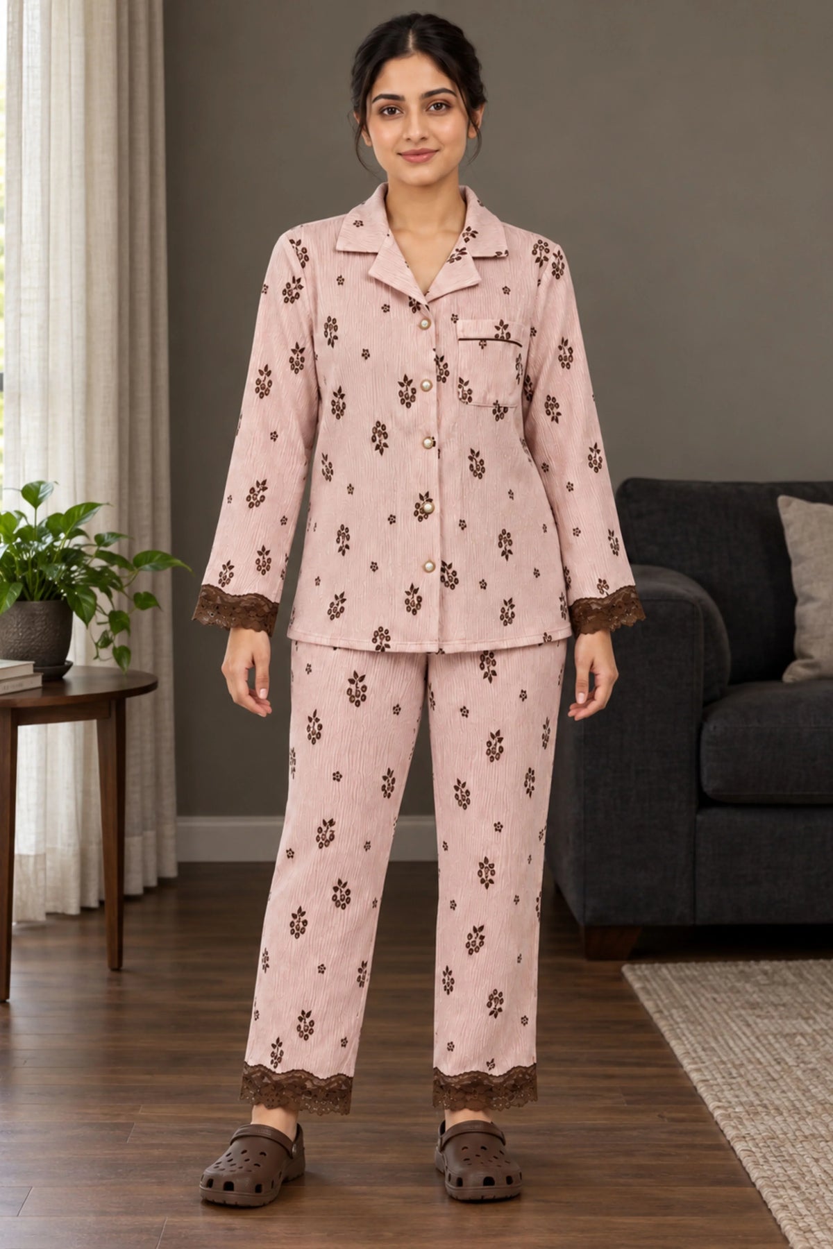 Pink Floral Winter Night Suit-Global Republic
