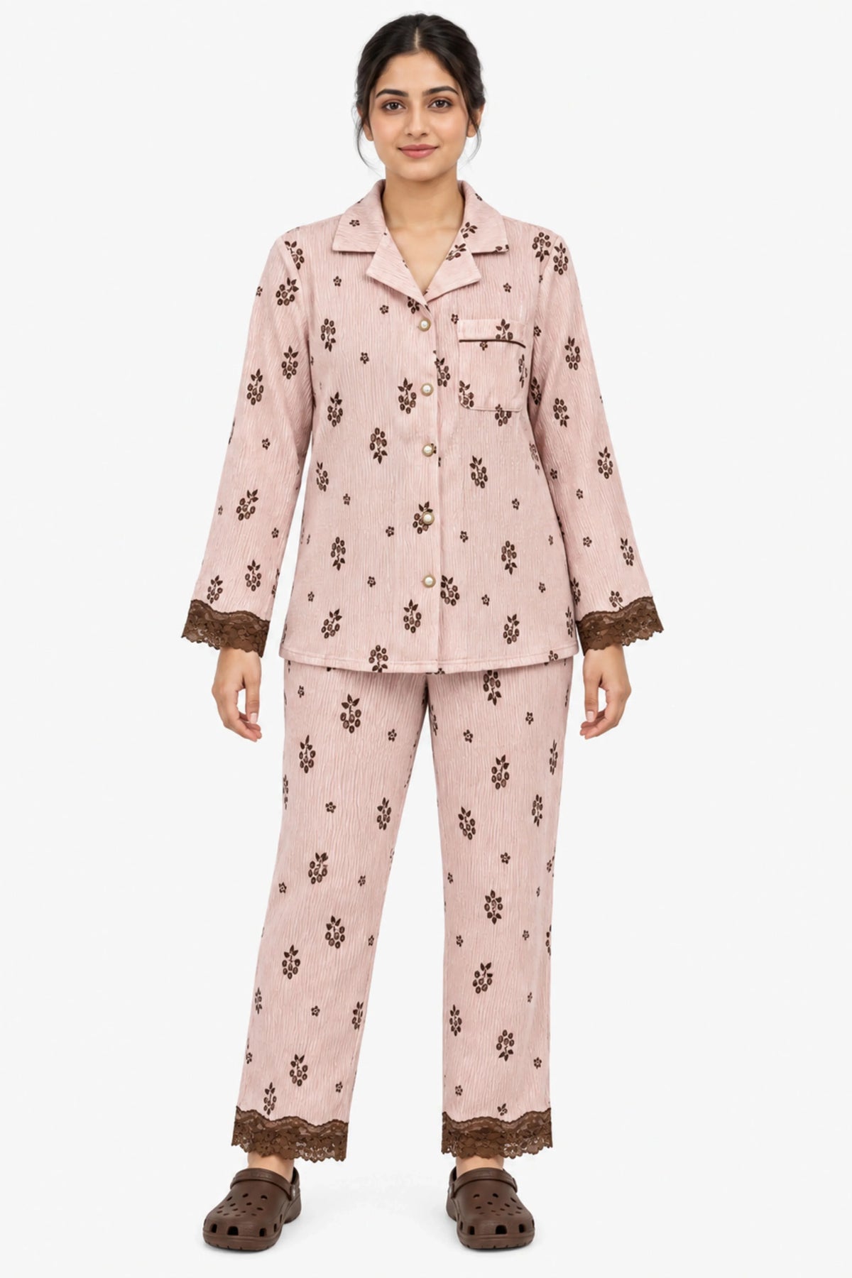 Pink Floral Winter Night Suit-Global Republic