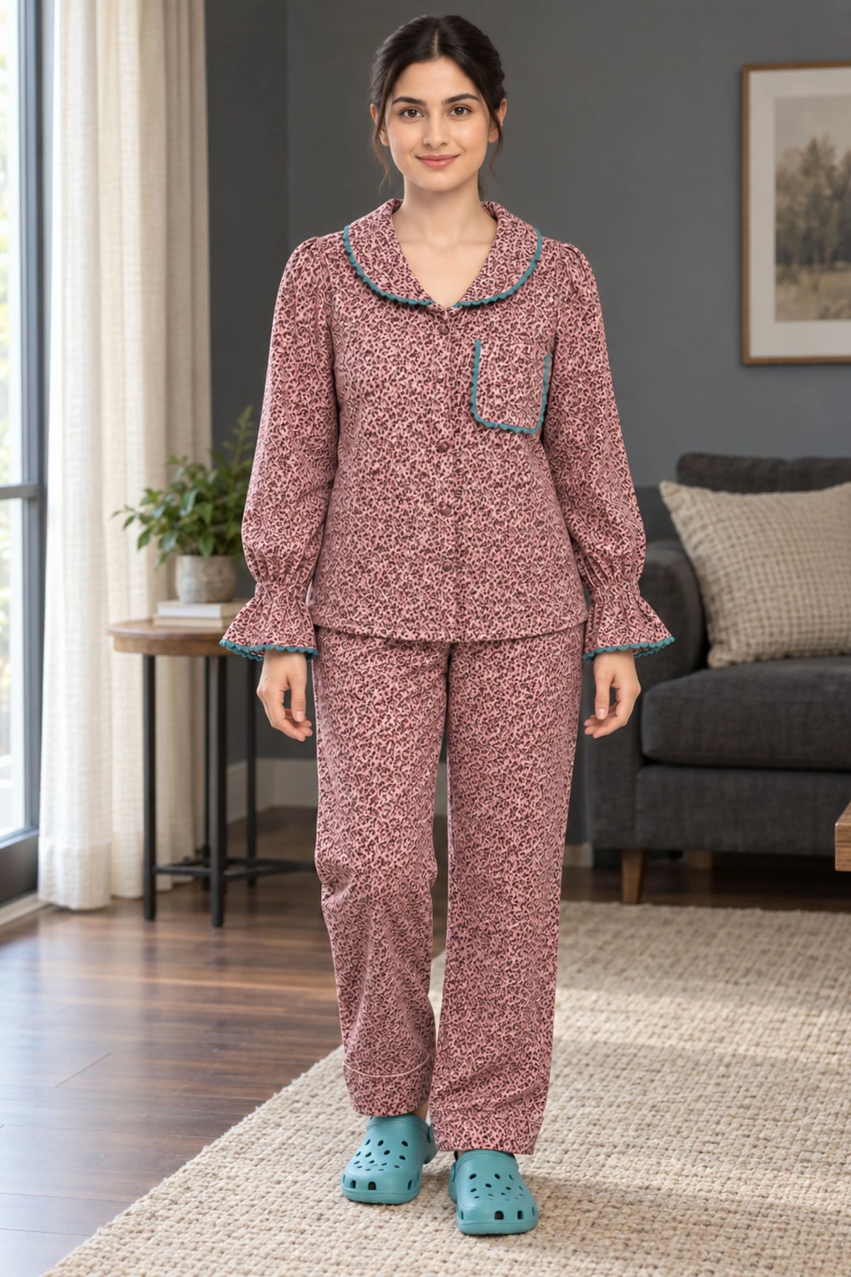 Pink Floral Winter Night Suit-Global Republic