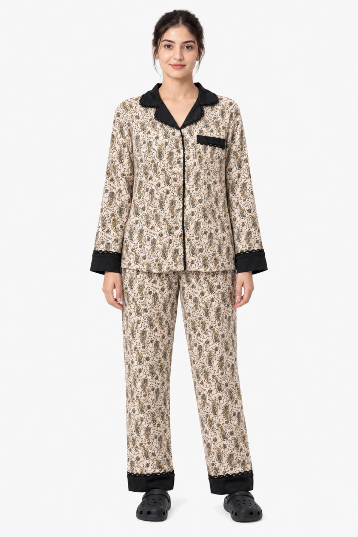 Black Floral Paisley Winter Night Suit-Global Republic