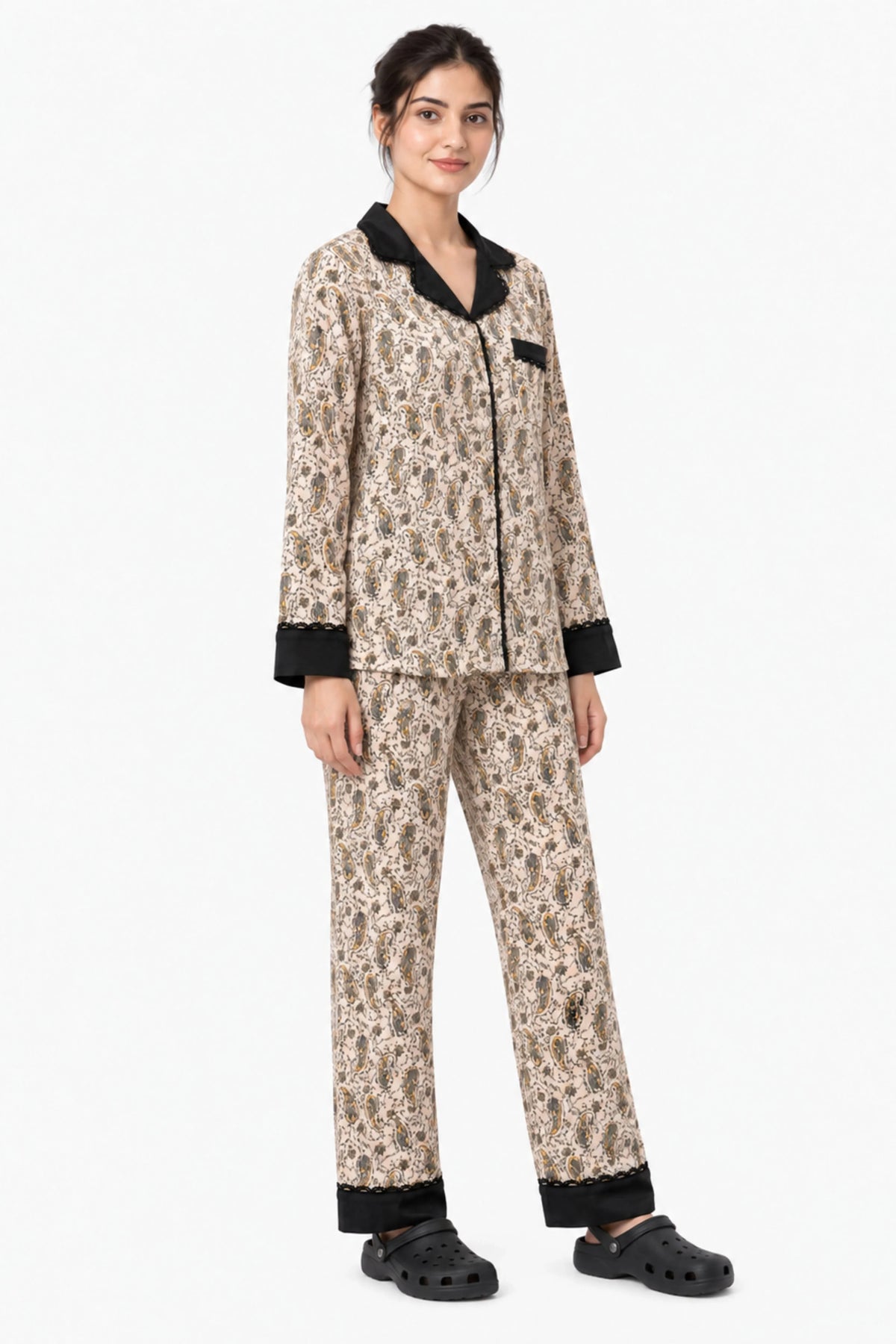 Black Floral Paisley Winter Night Suit-Global Republic