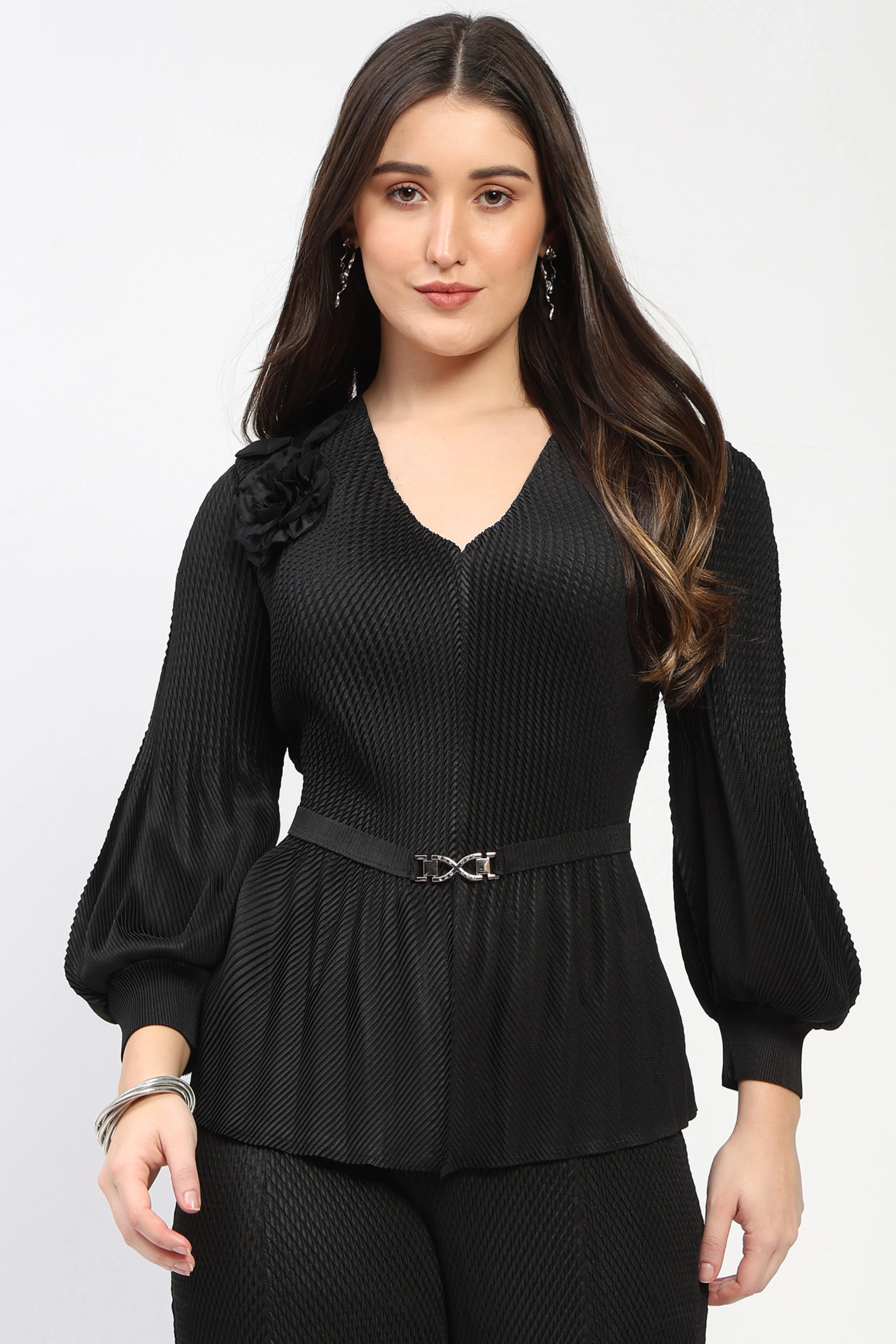 Black Free-Size Pleated Blouson Top-Global Republic