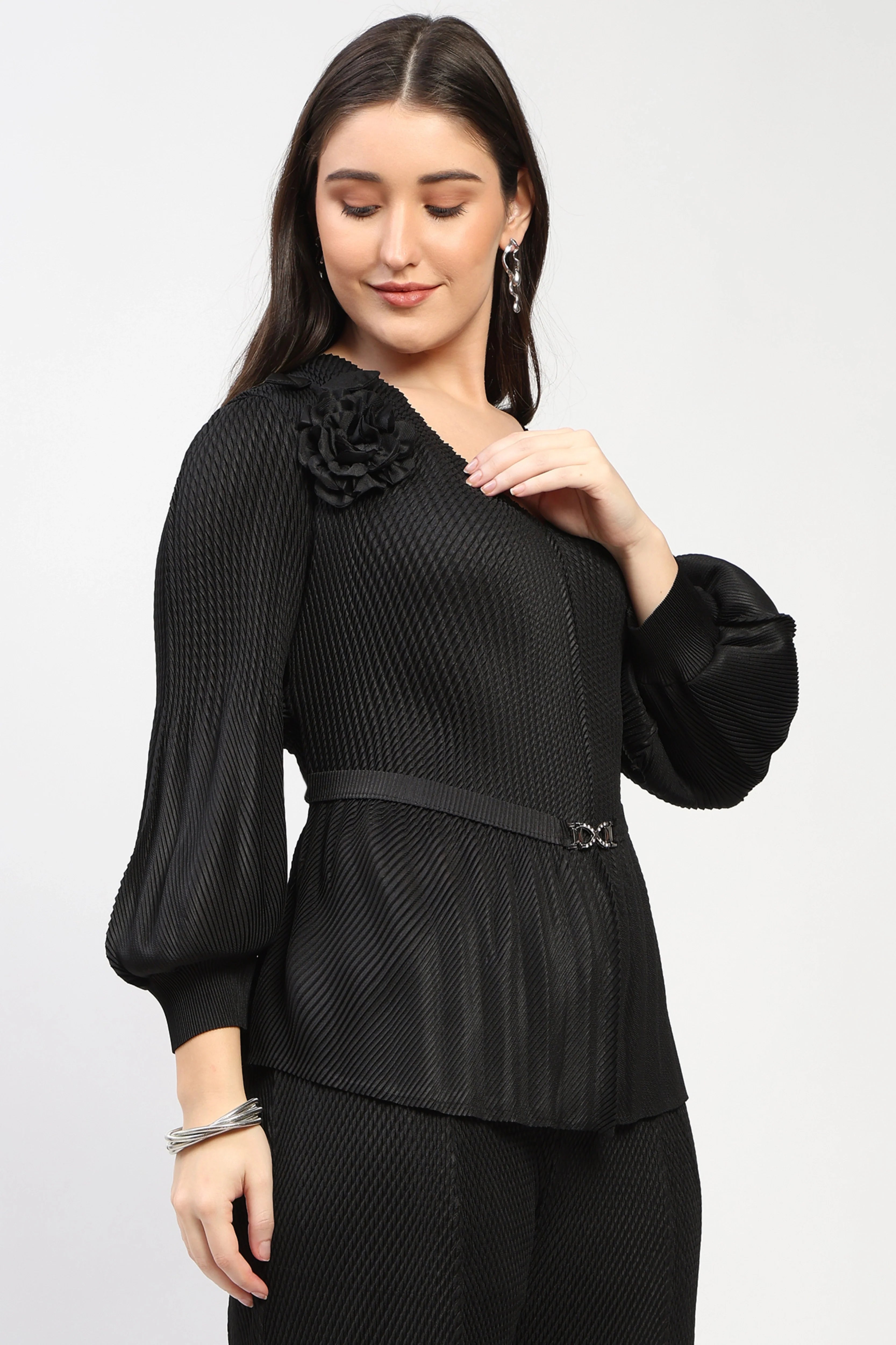 Black Free-Size Pleated Blouson Top-Global Republic