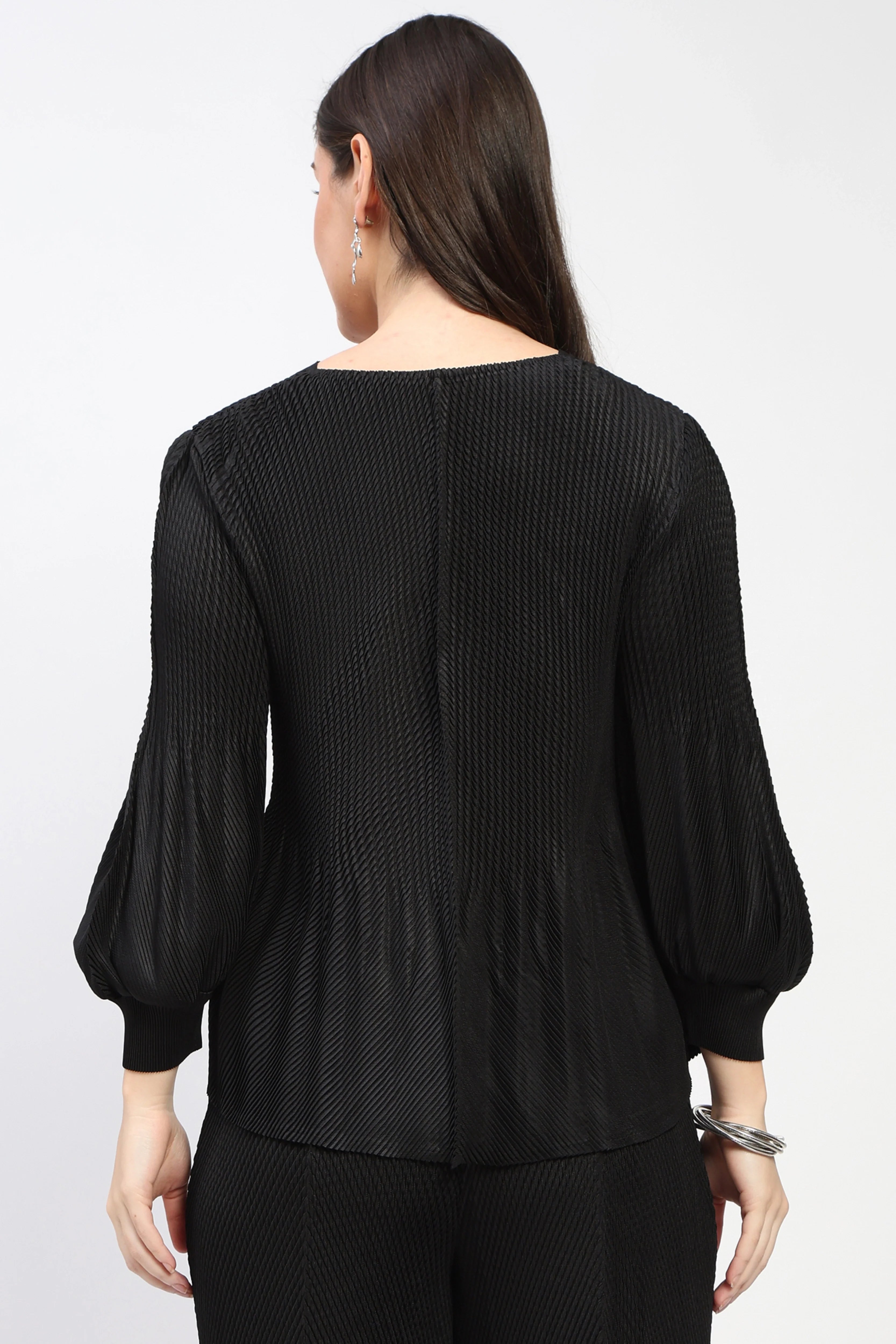Black Free-Size Pleated Blouson Top-Global Republic