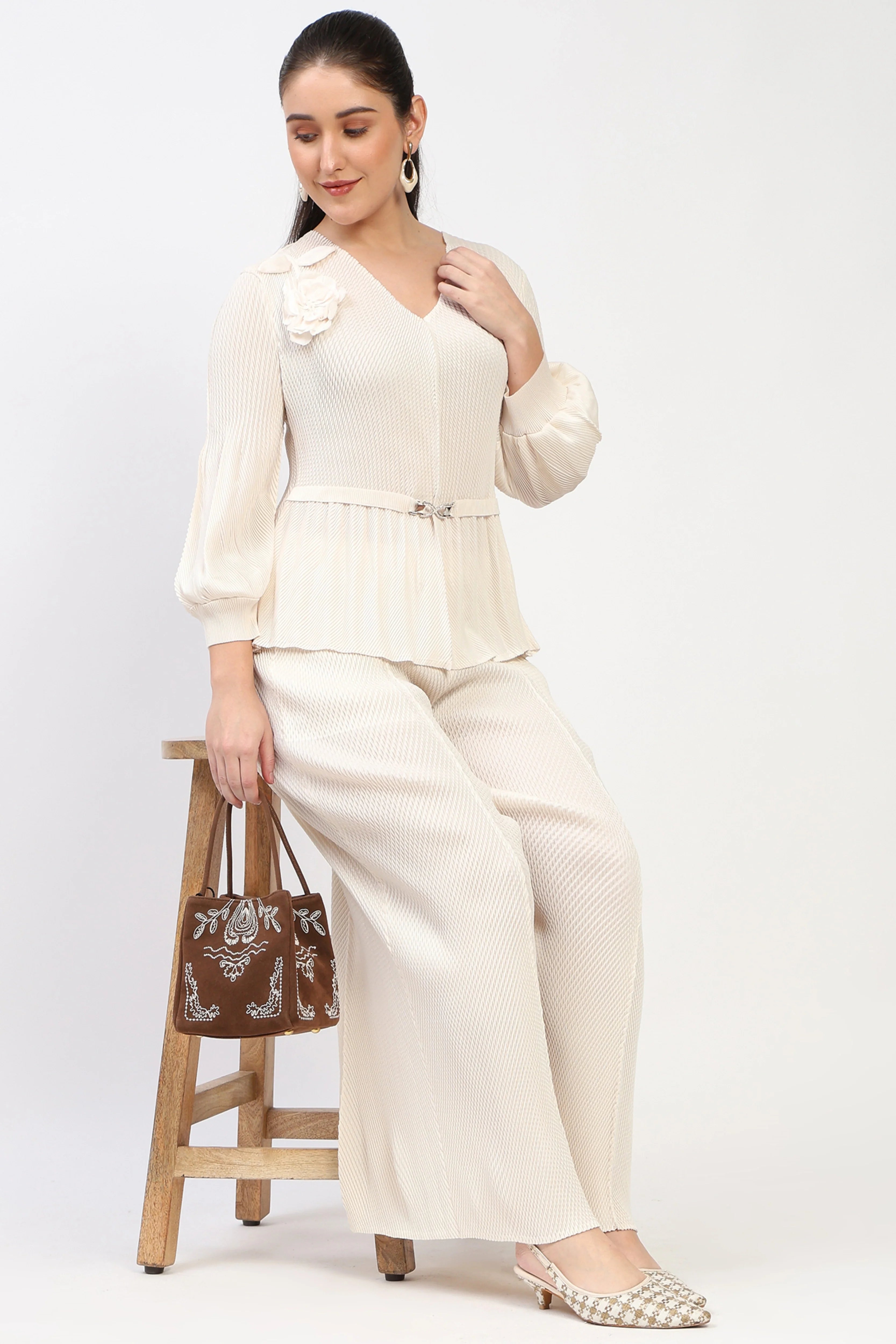 Cream Free-Size Pleated Blouson Top-Global Republic