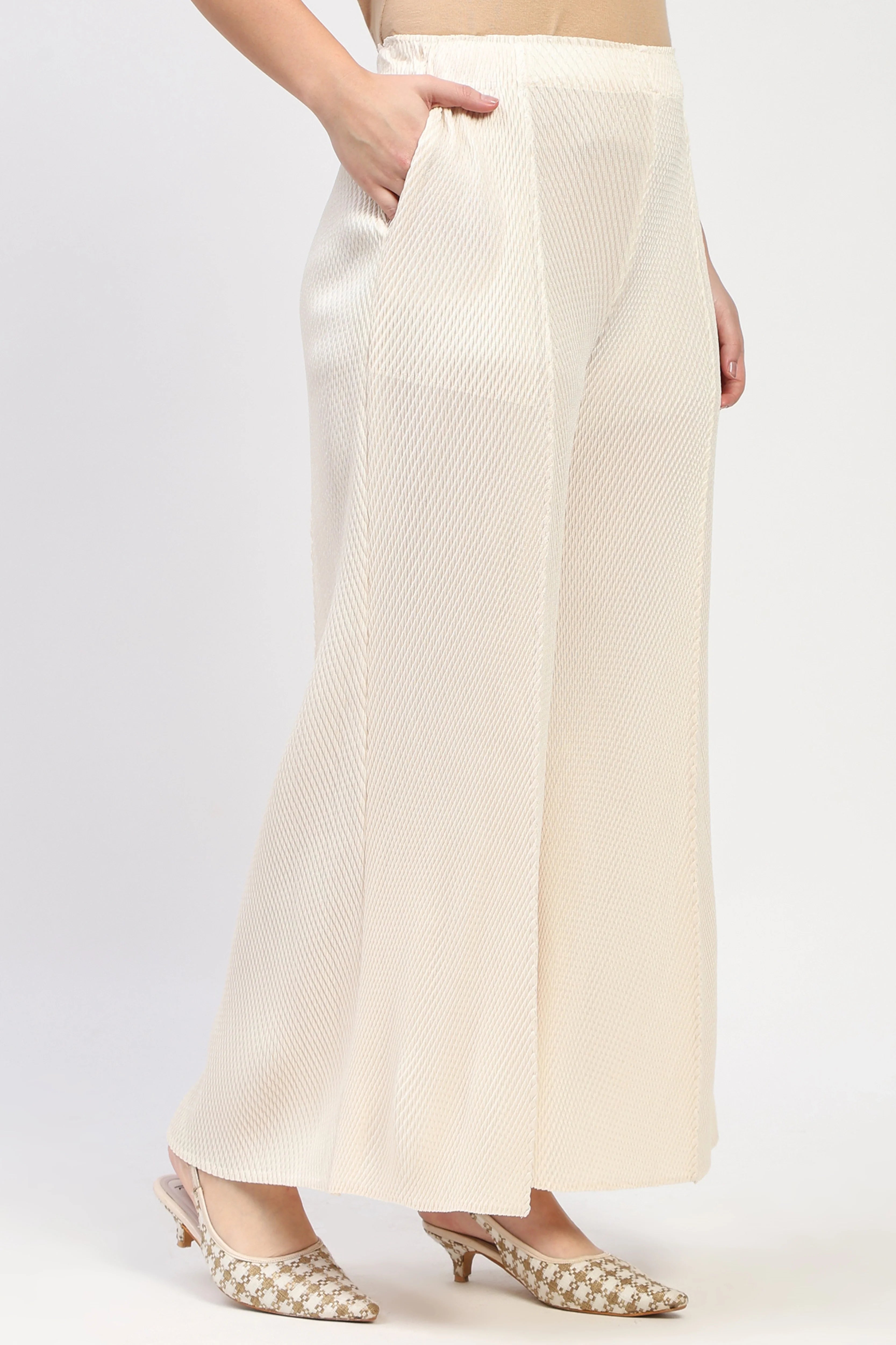 Cream Pleated Wide Leg Pants-Global Republic