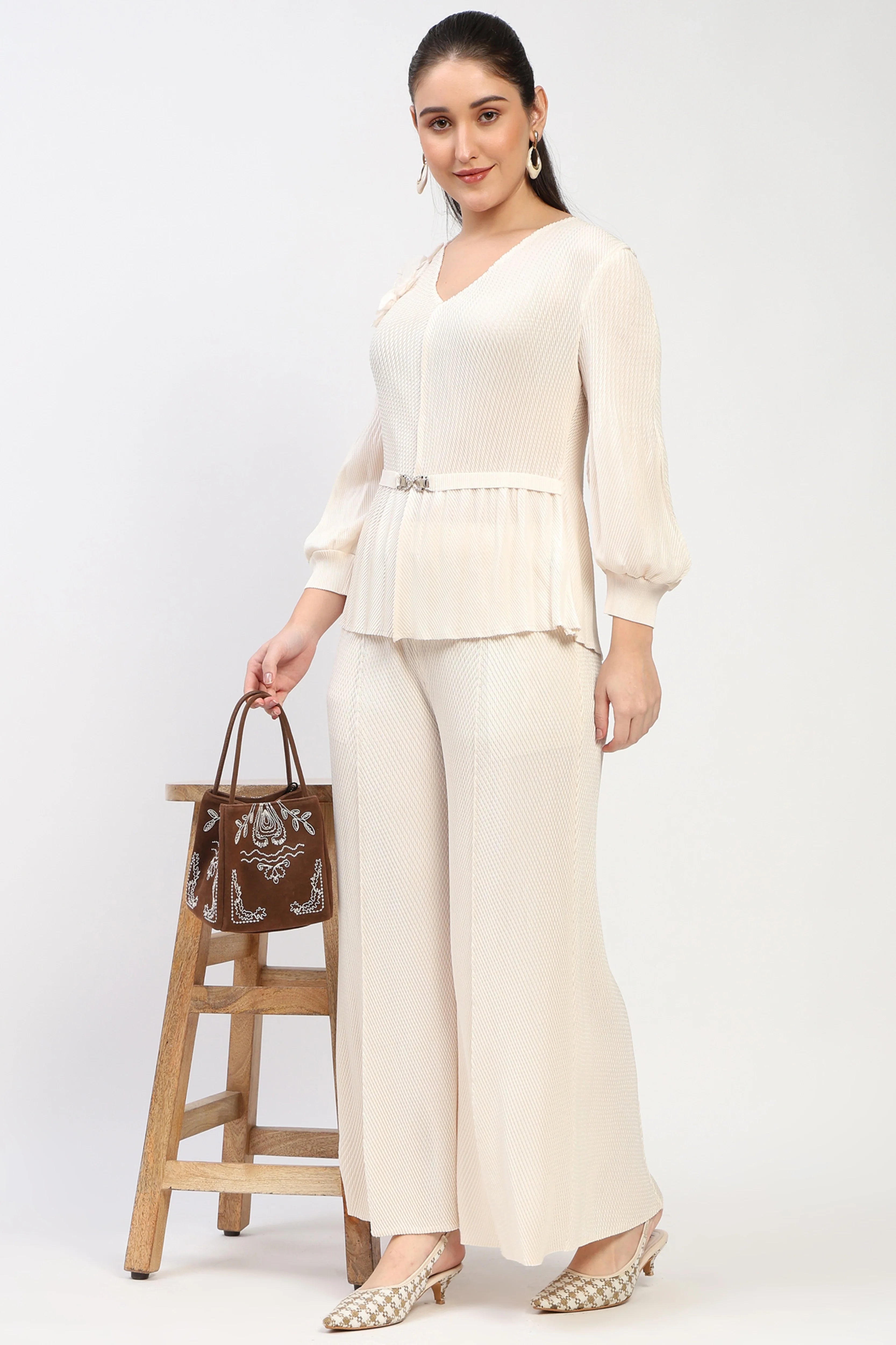 Cream Pleated Co-ord Set