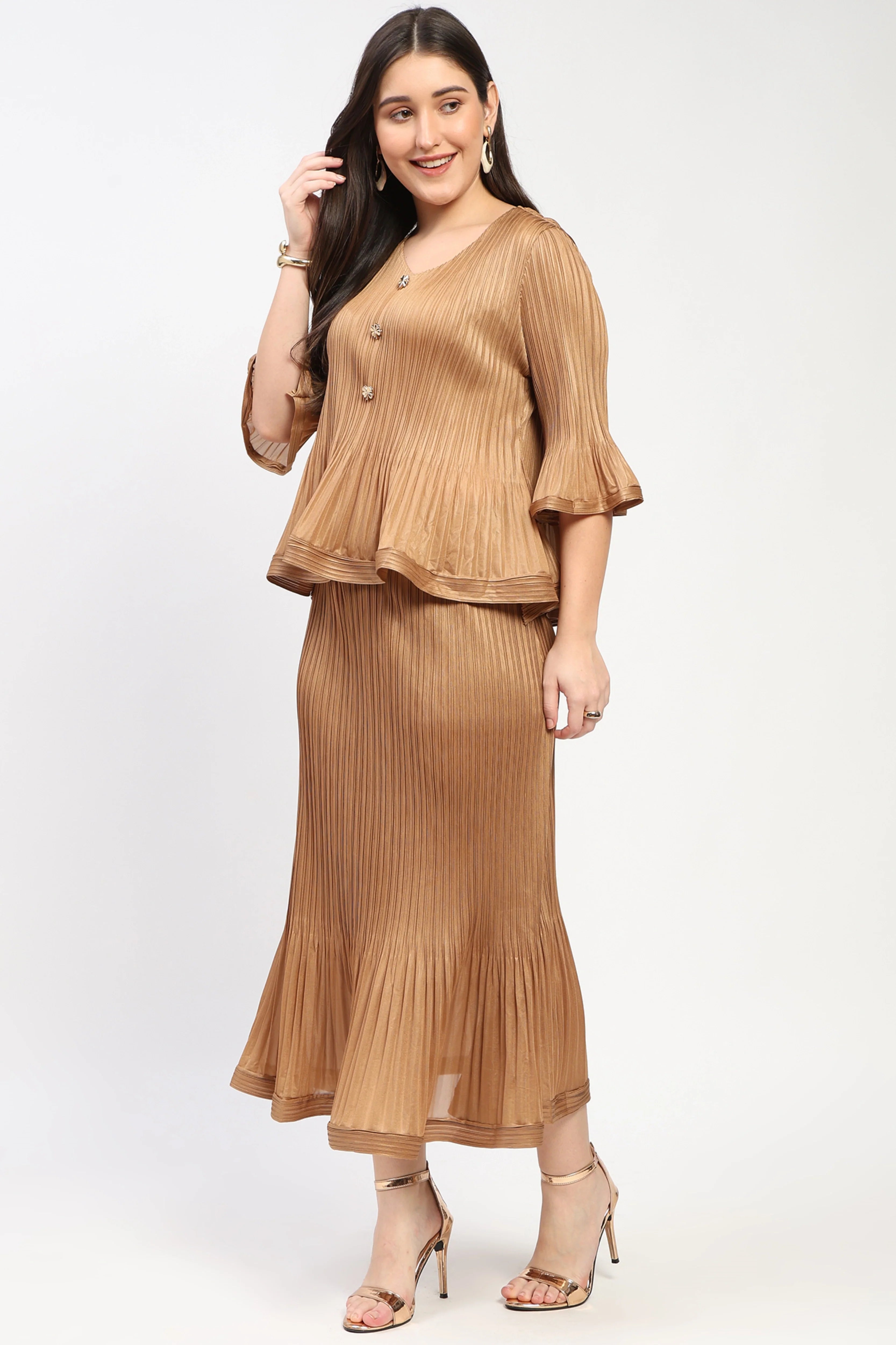 Brown Pleated Peplum Top & Midi Skirt Set-Global Republic