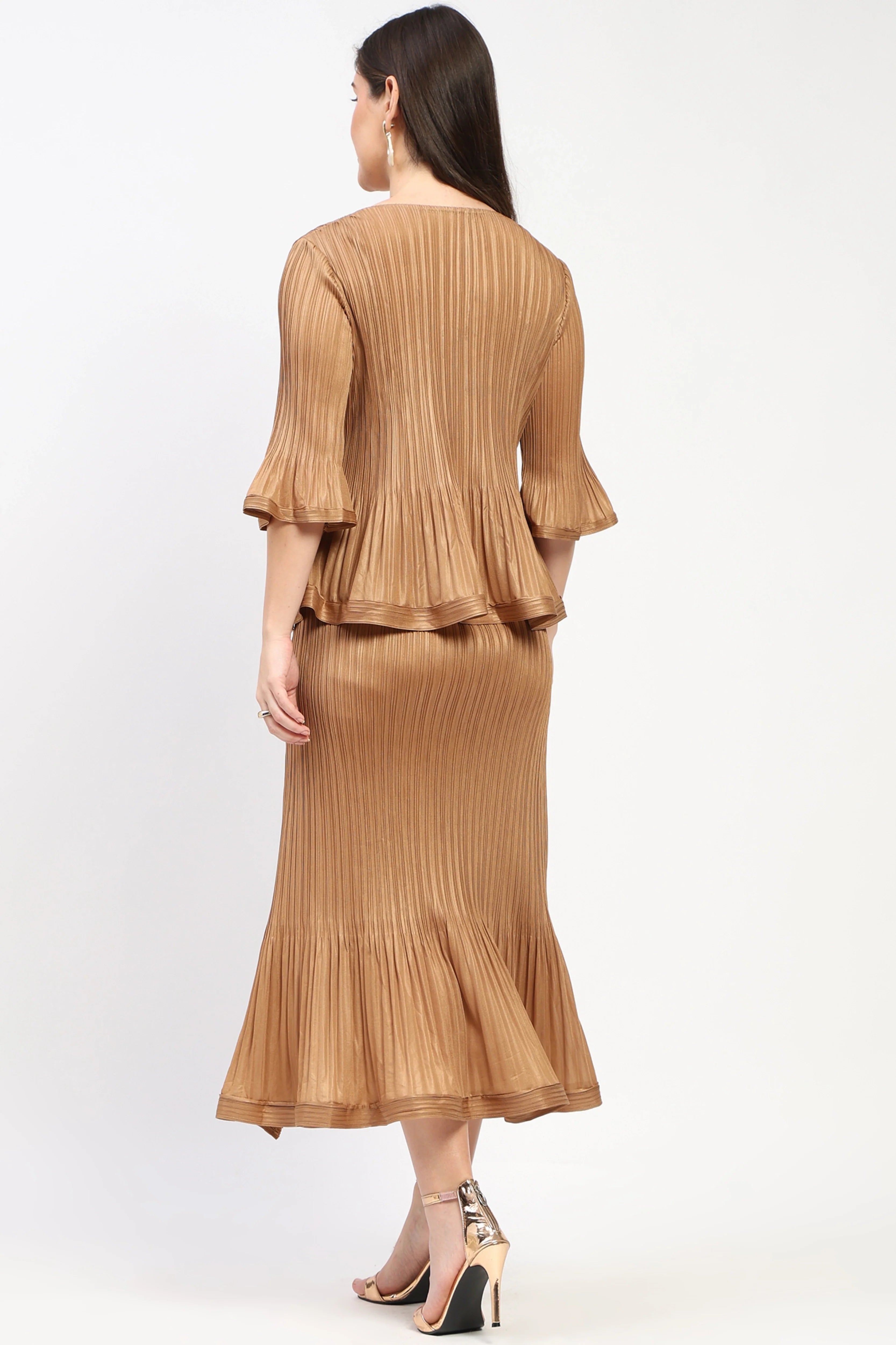 Brown Pleated Peplum Top & Midi Skirt Set-Global Republic