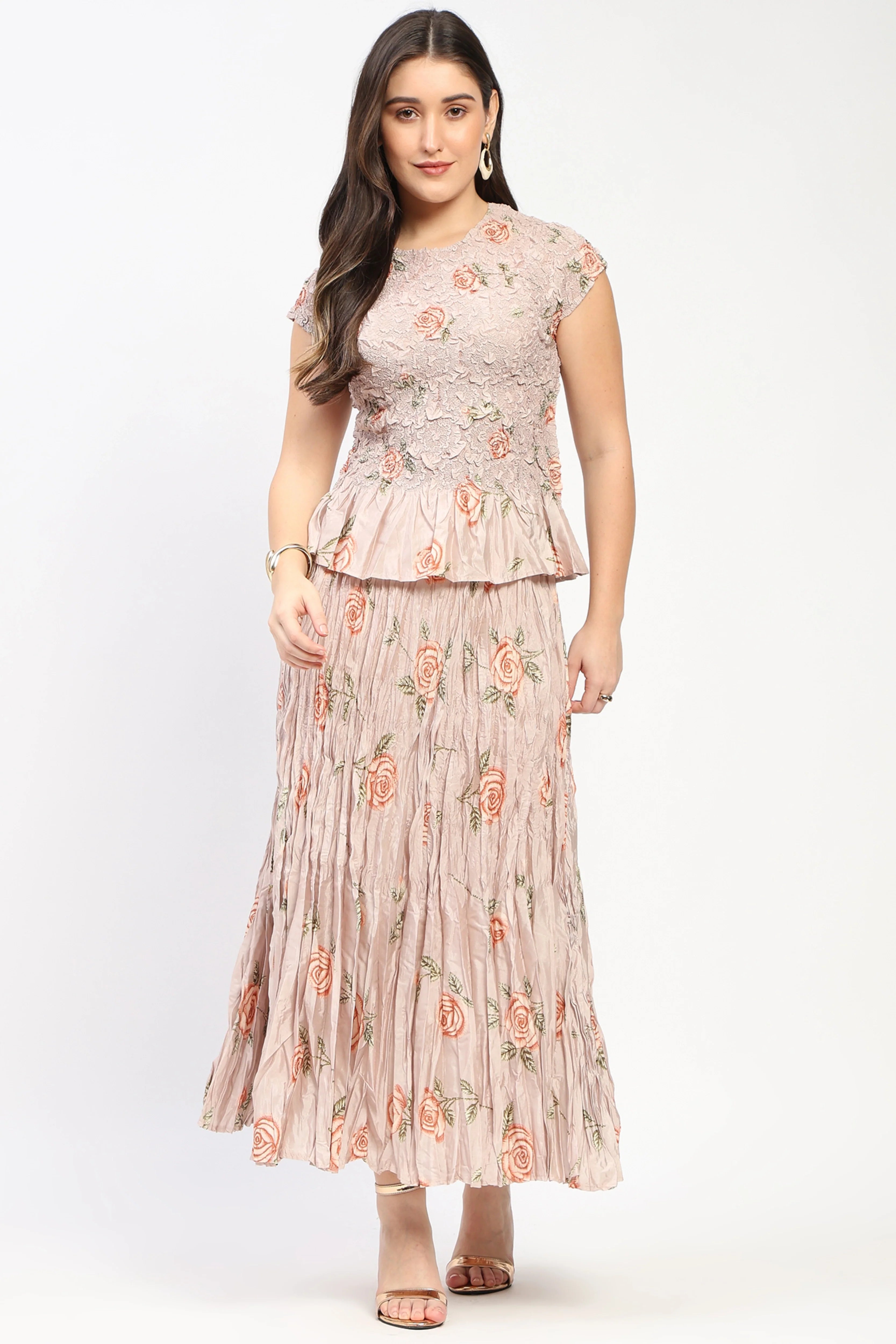 Floral Crushed Peplum Top & Maxi Skirt Set-Global Republic