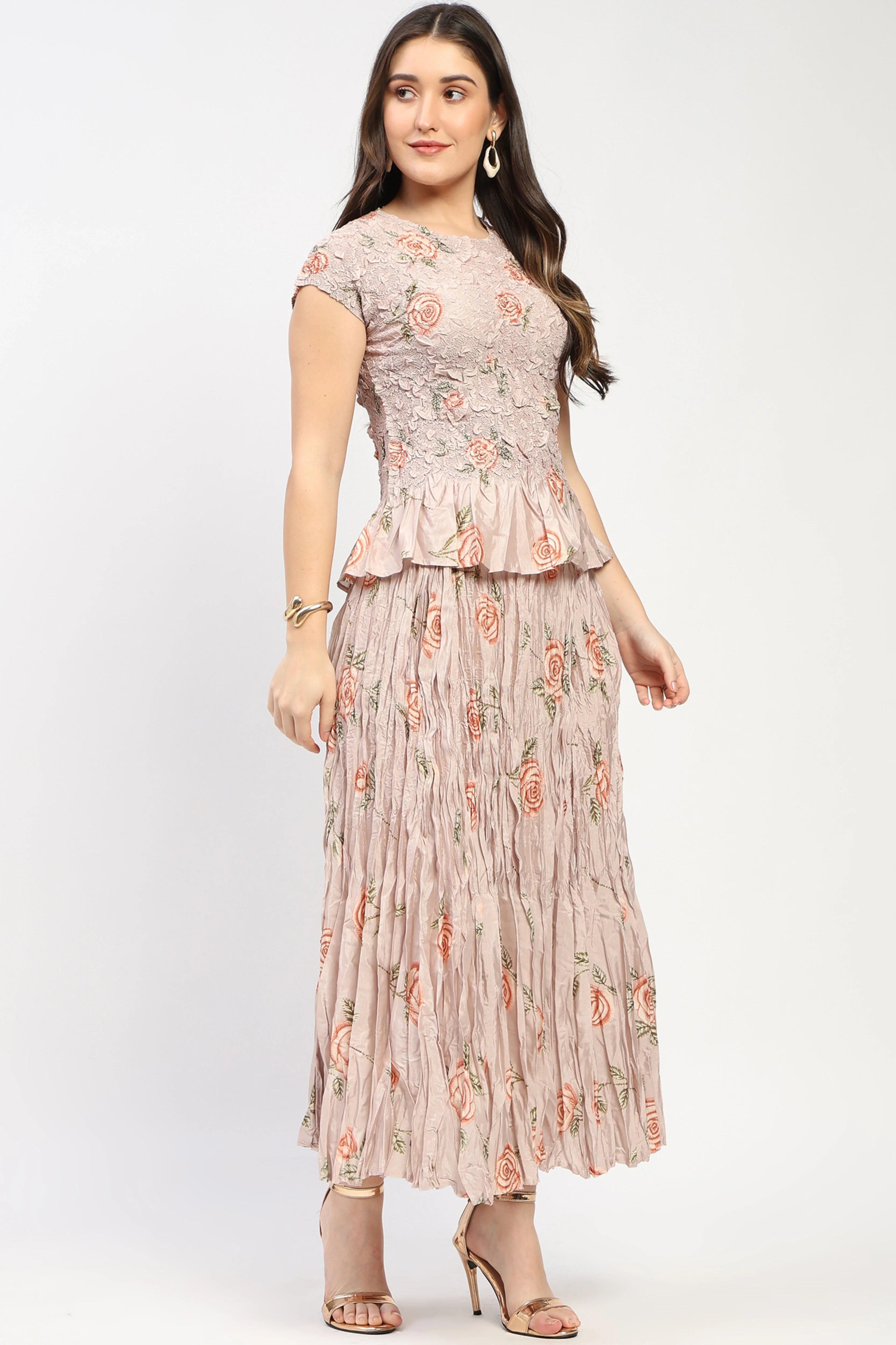 Floral Crushed Peplum Top & Maxi Skirt Set-Global Republic