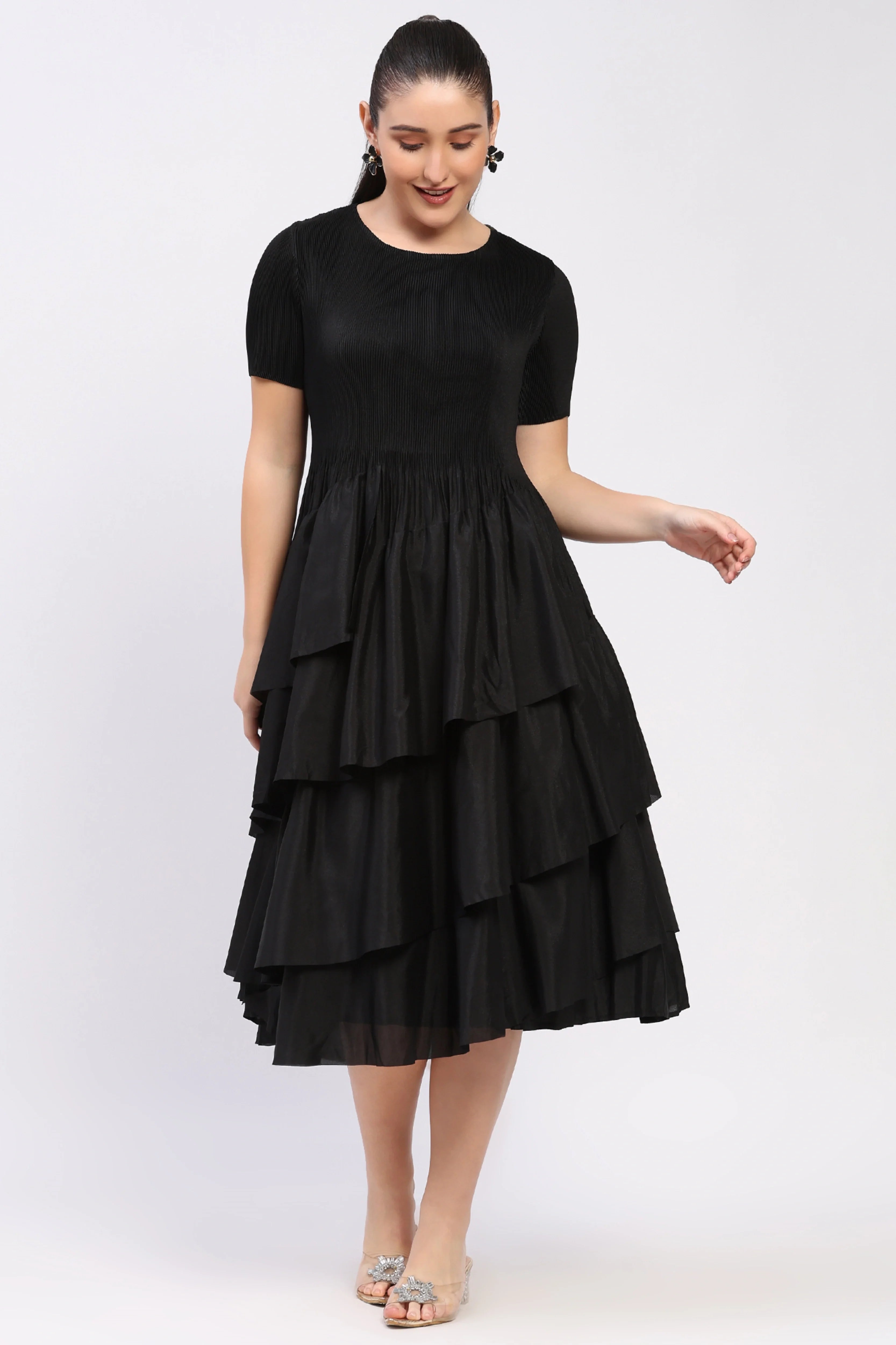 Black Pleated Flare Dress-Global Republic
