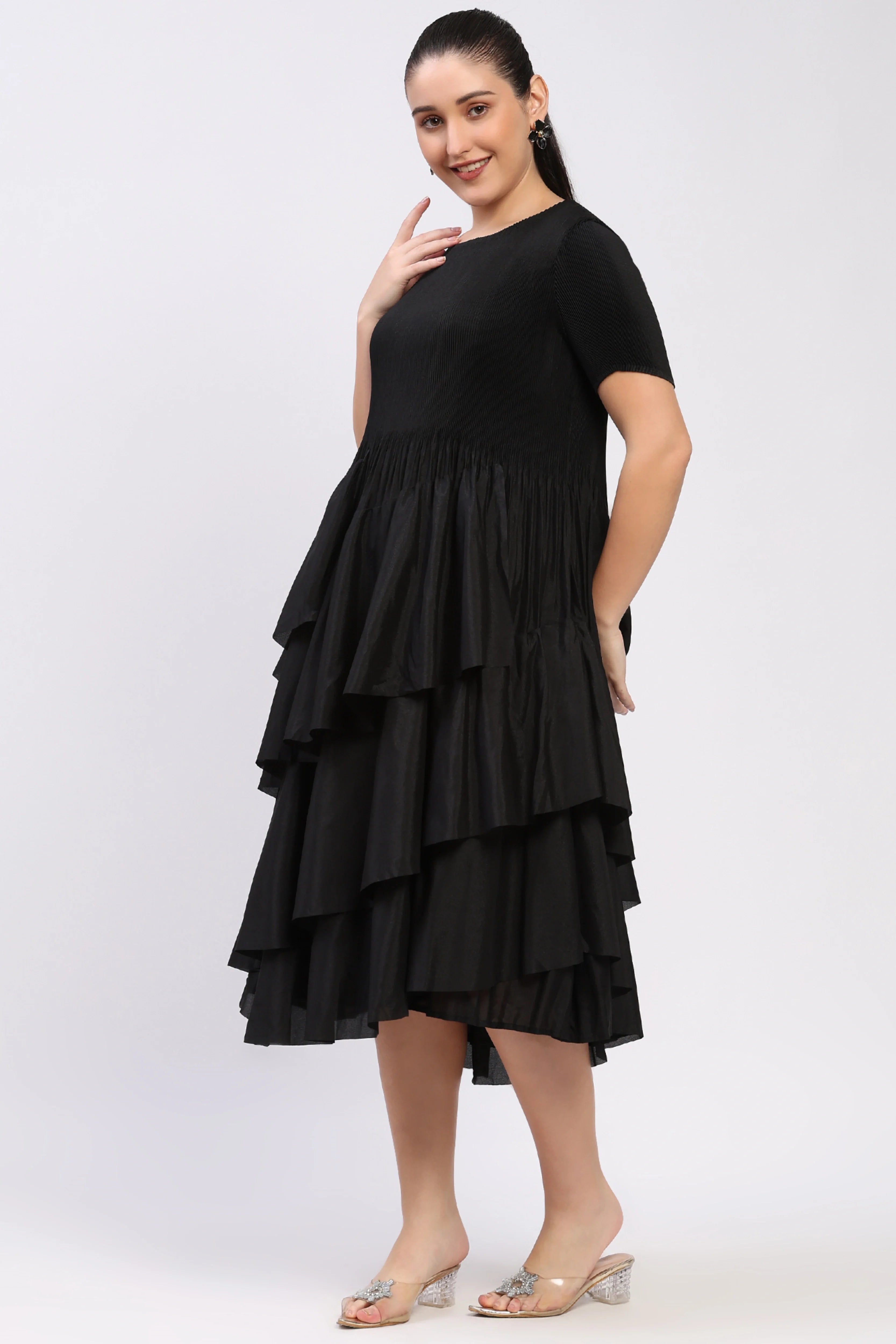 Black Pleated Flare Dress-Global Republic
