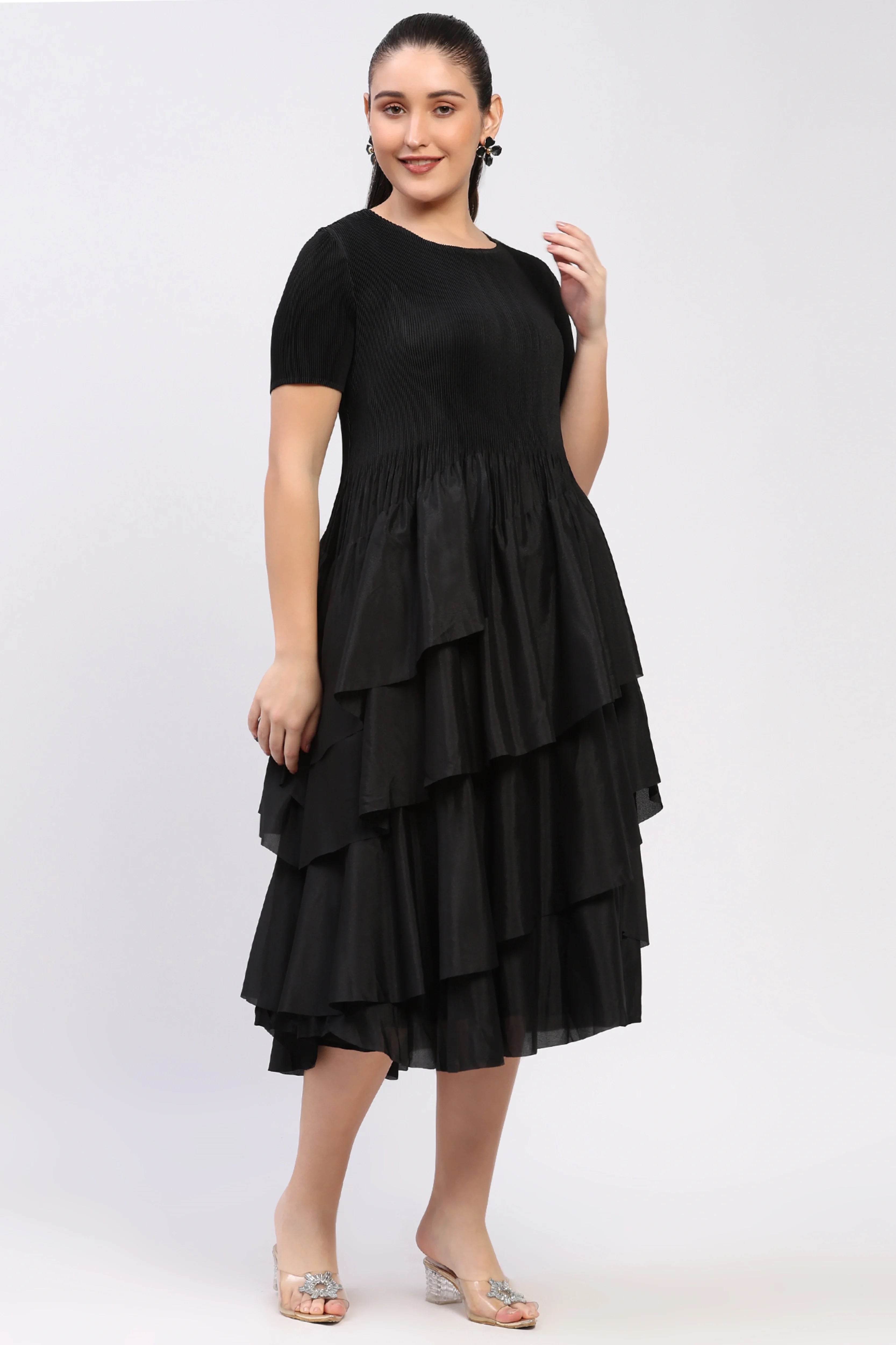 Black Pleated Flare Dress-Global Republic