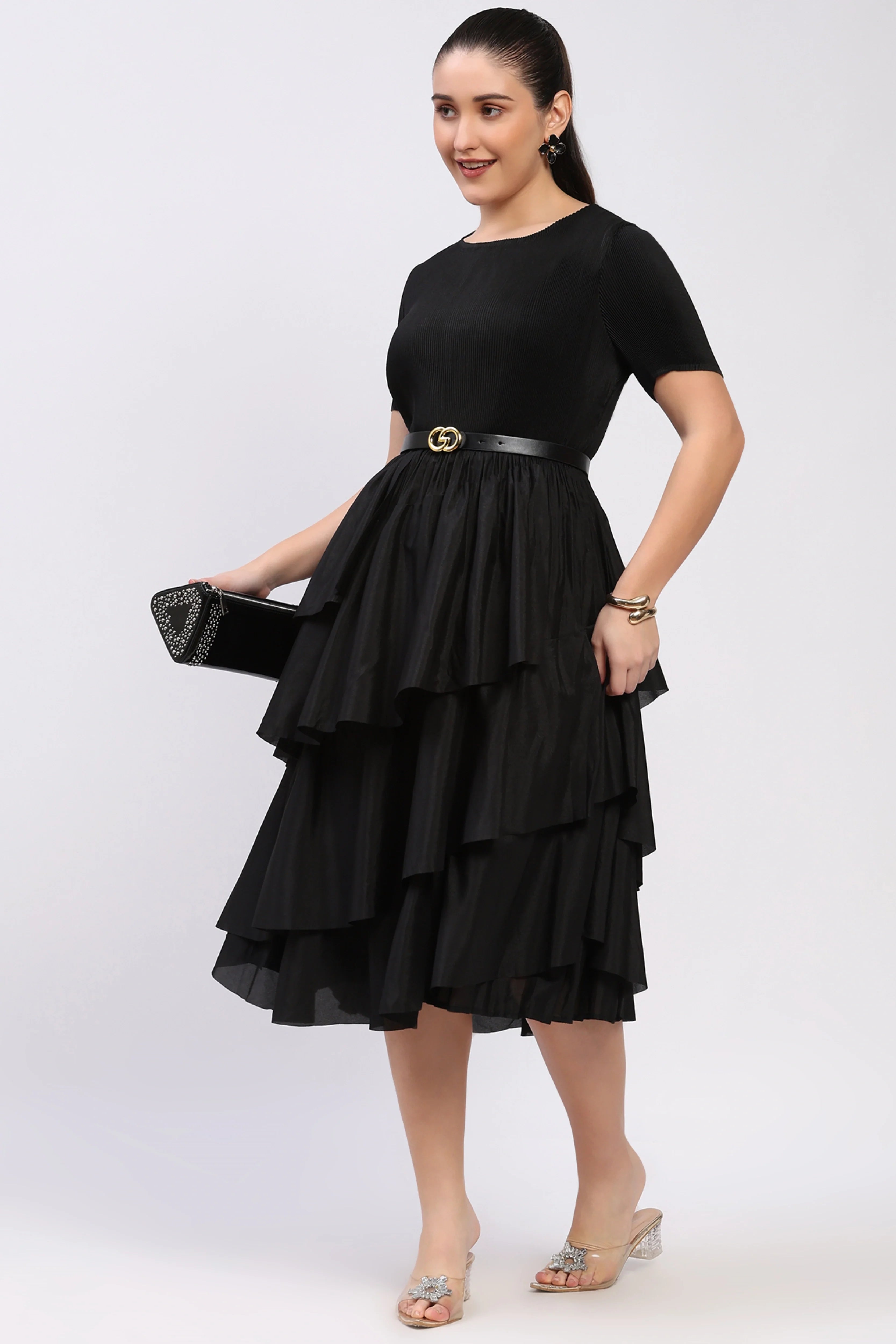 Black Pleated Flare Dress-Global Republic