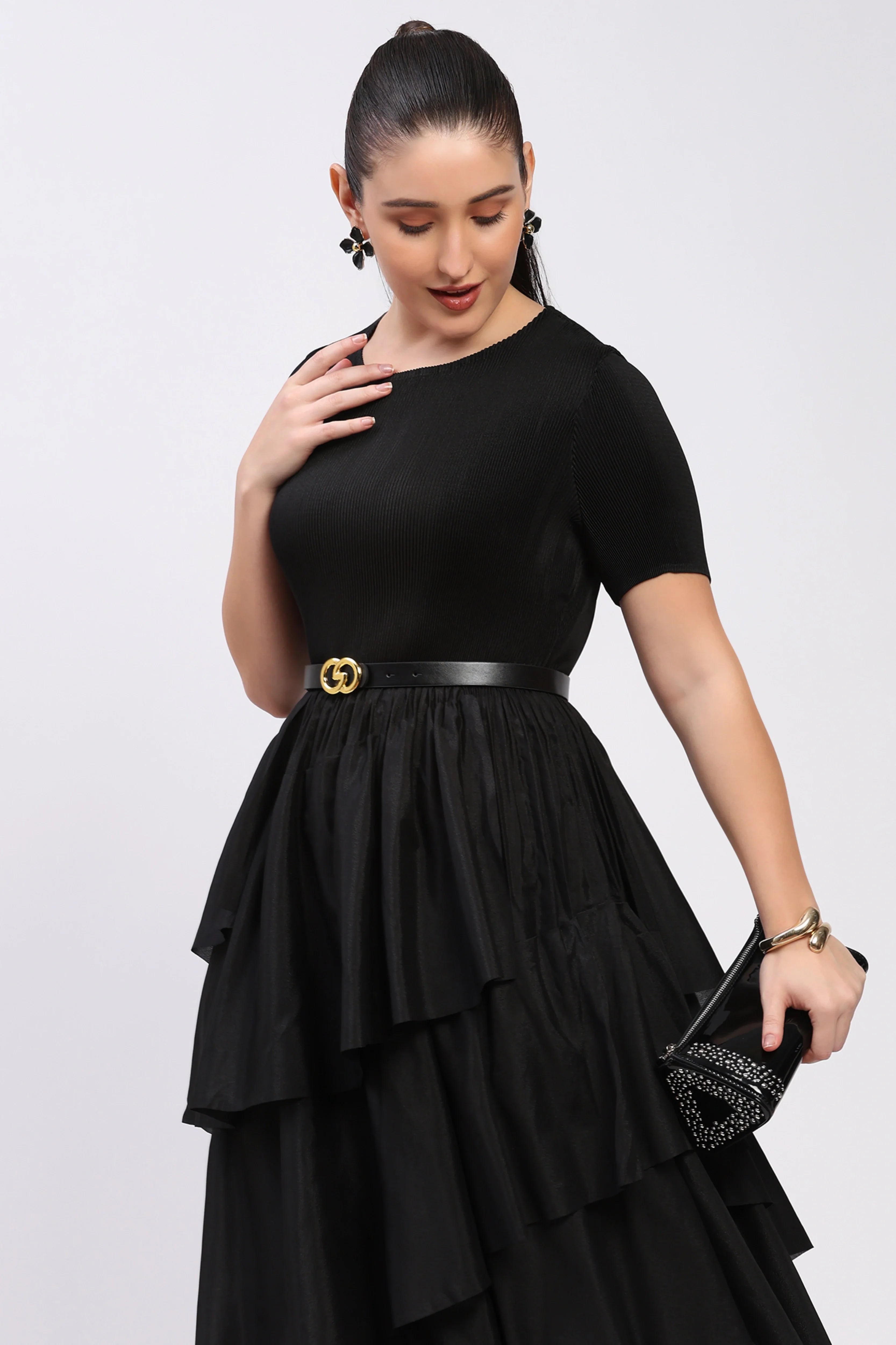 Black Pleated Flare Dress-Global Republic