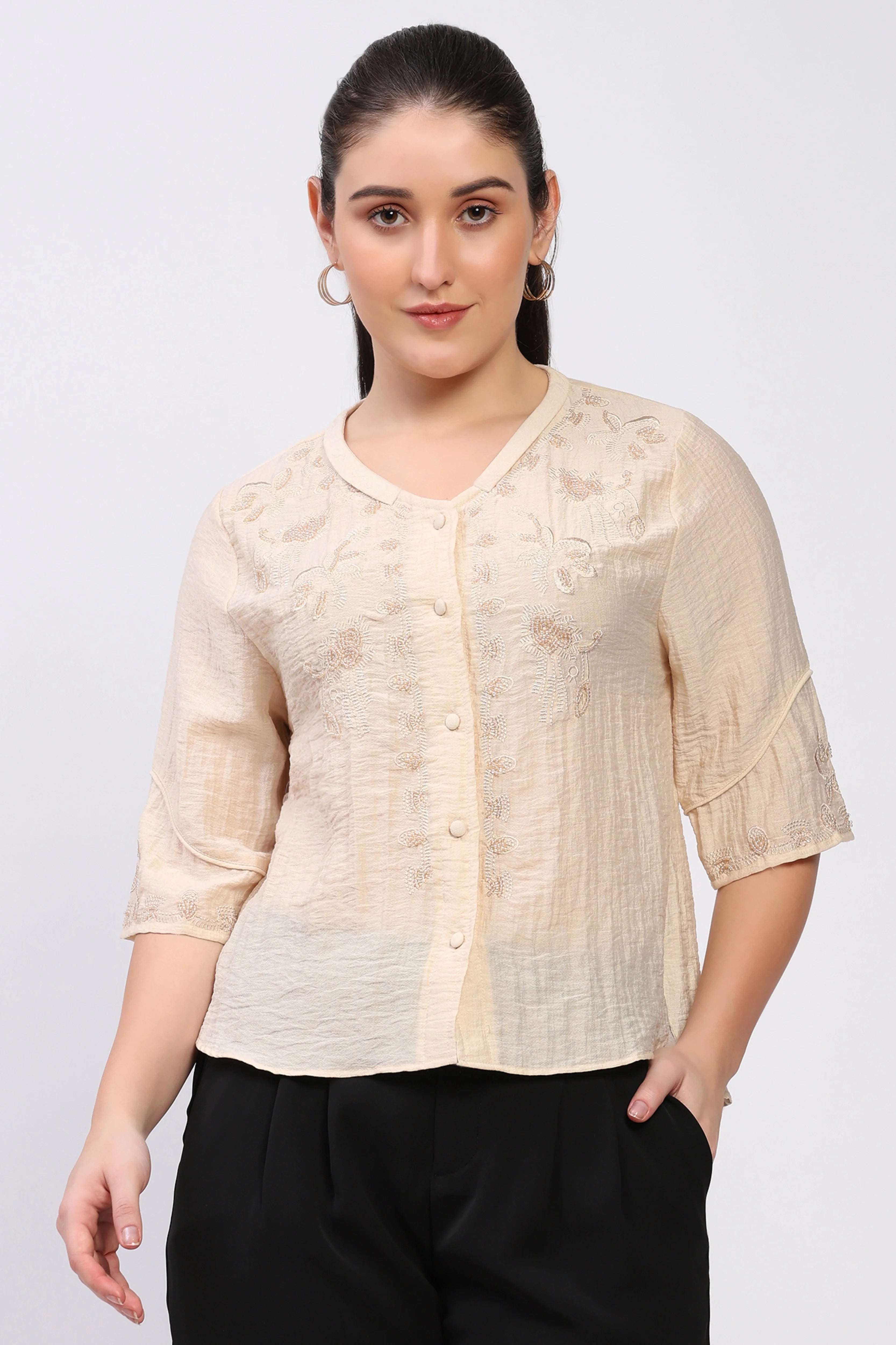 Beige Embroidered Top-Global Republic