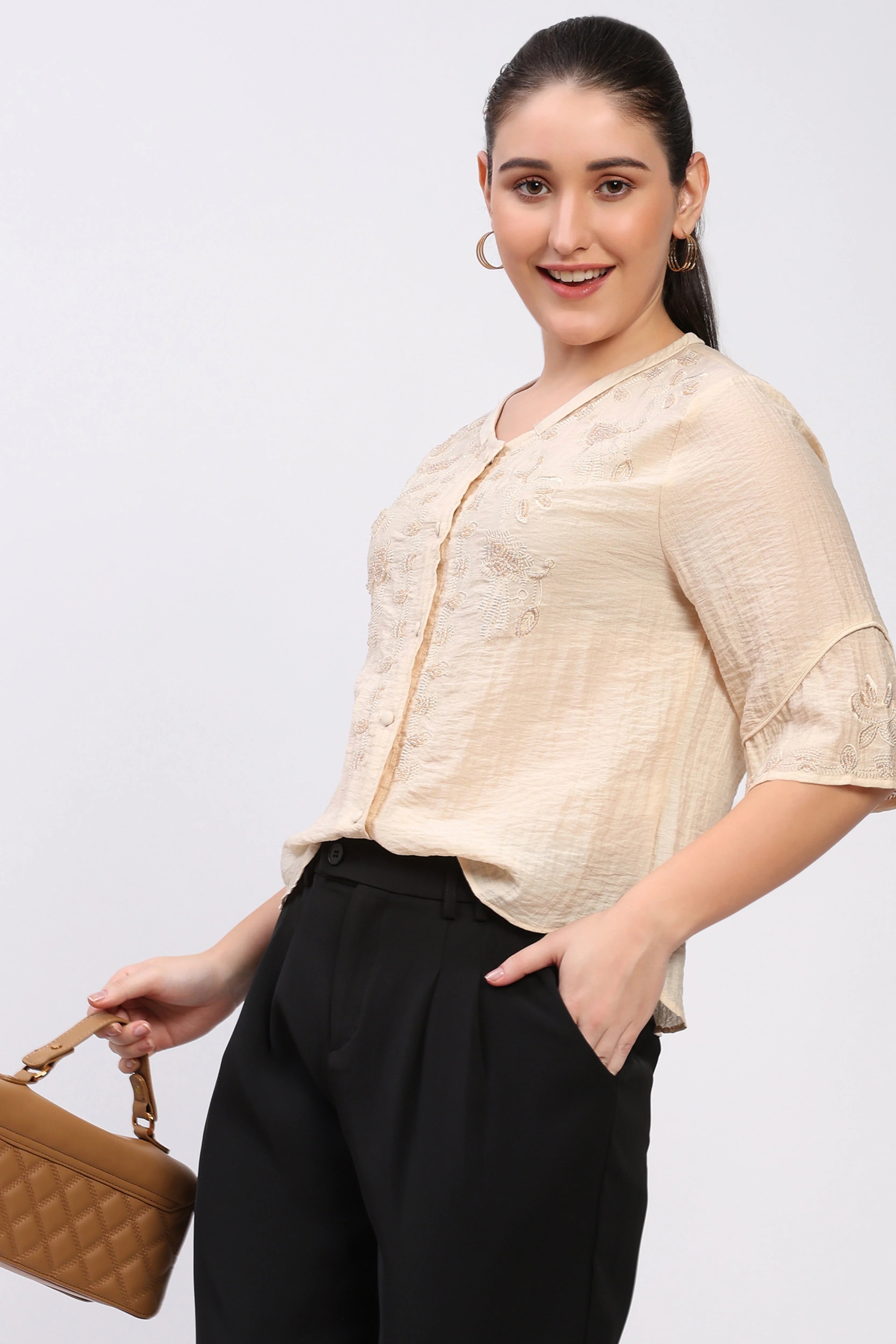 Beige Embroidered Top-Global Republic