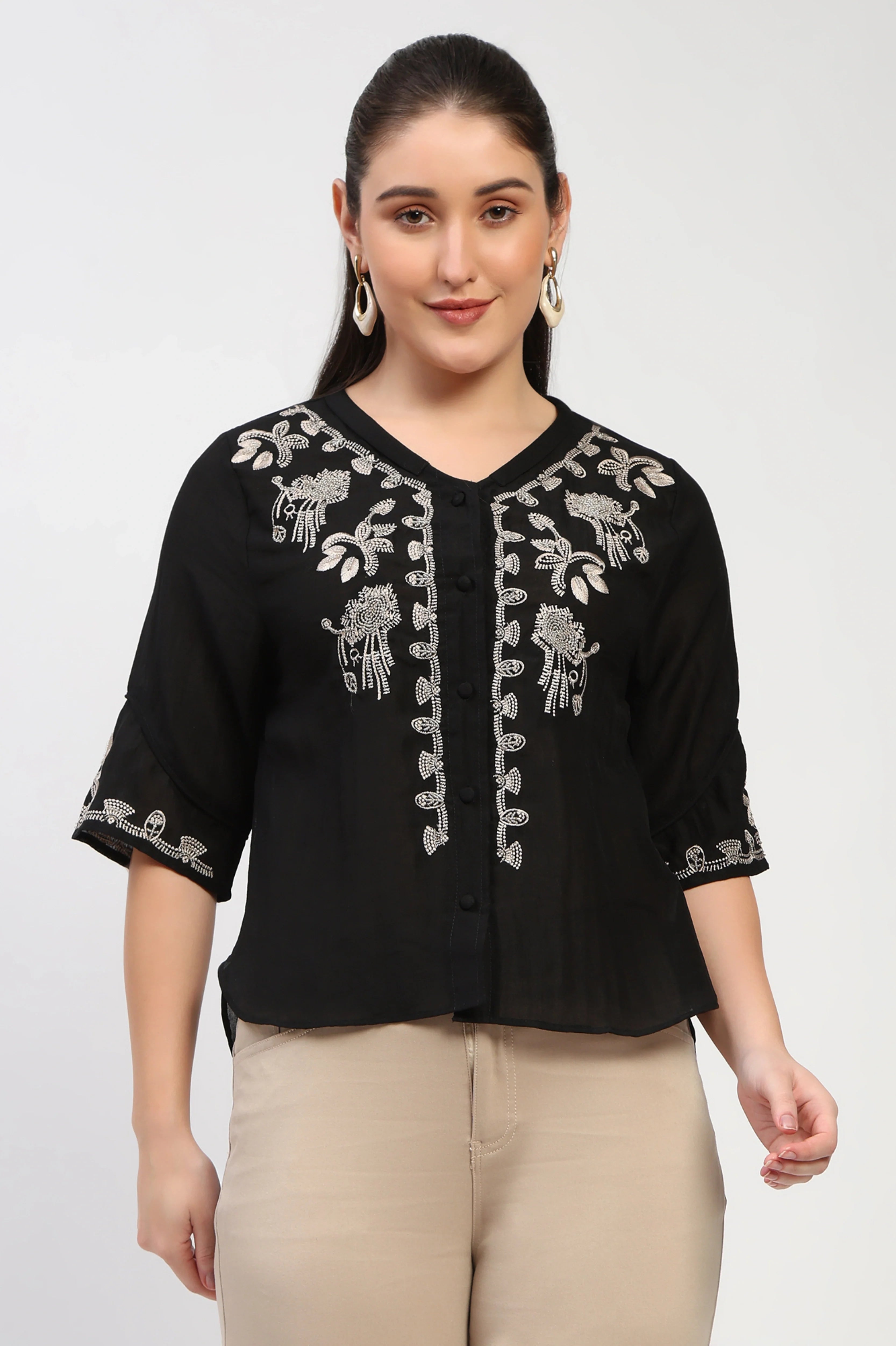 Black Embroidered V-Neck Top-Global Republic