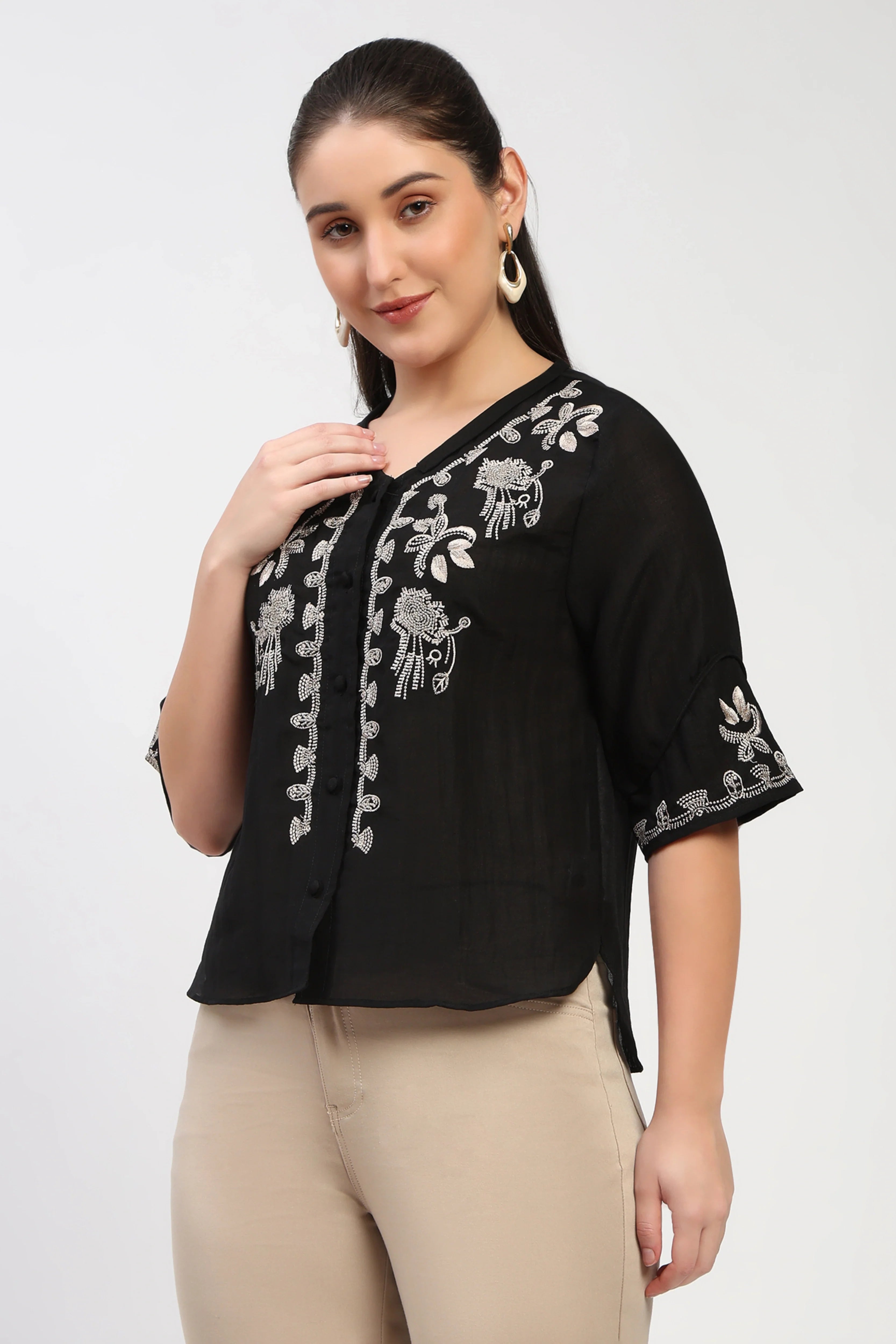 Black Embroidered V-Neck Top-Global Republic