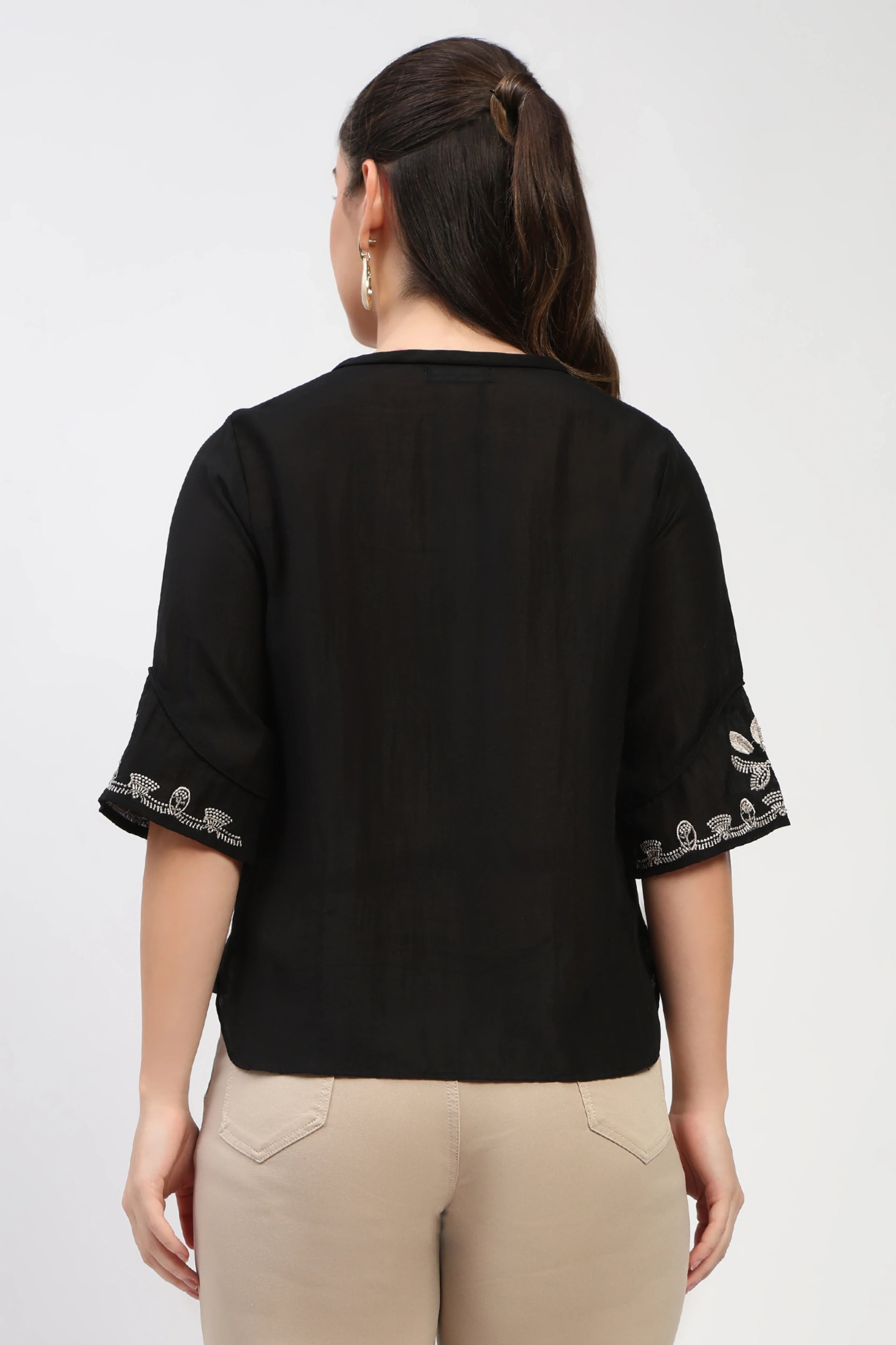Black Embroidered V-Neck Top-Global Republic