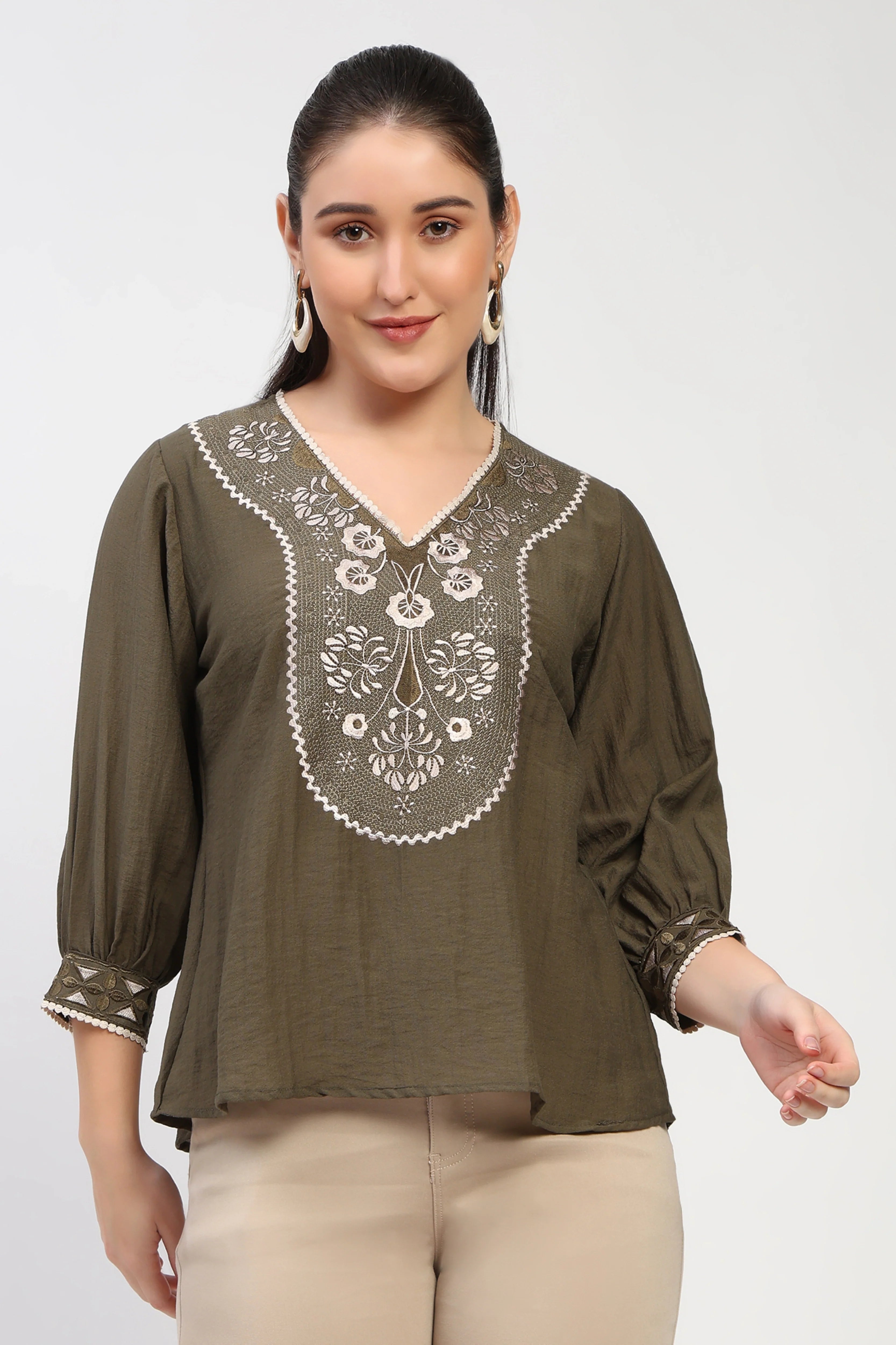 Olive Floral Embroidered Top-Global Republic